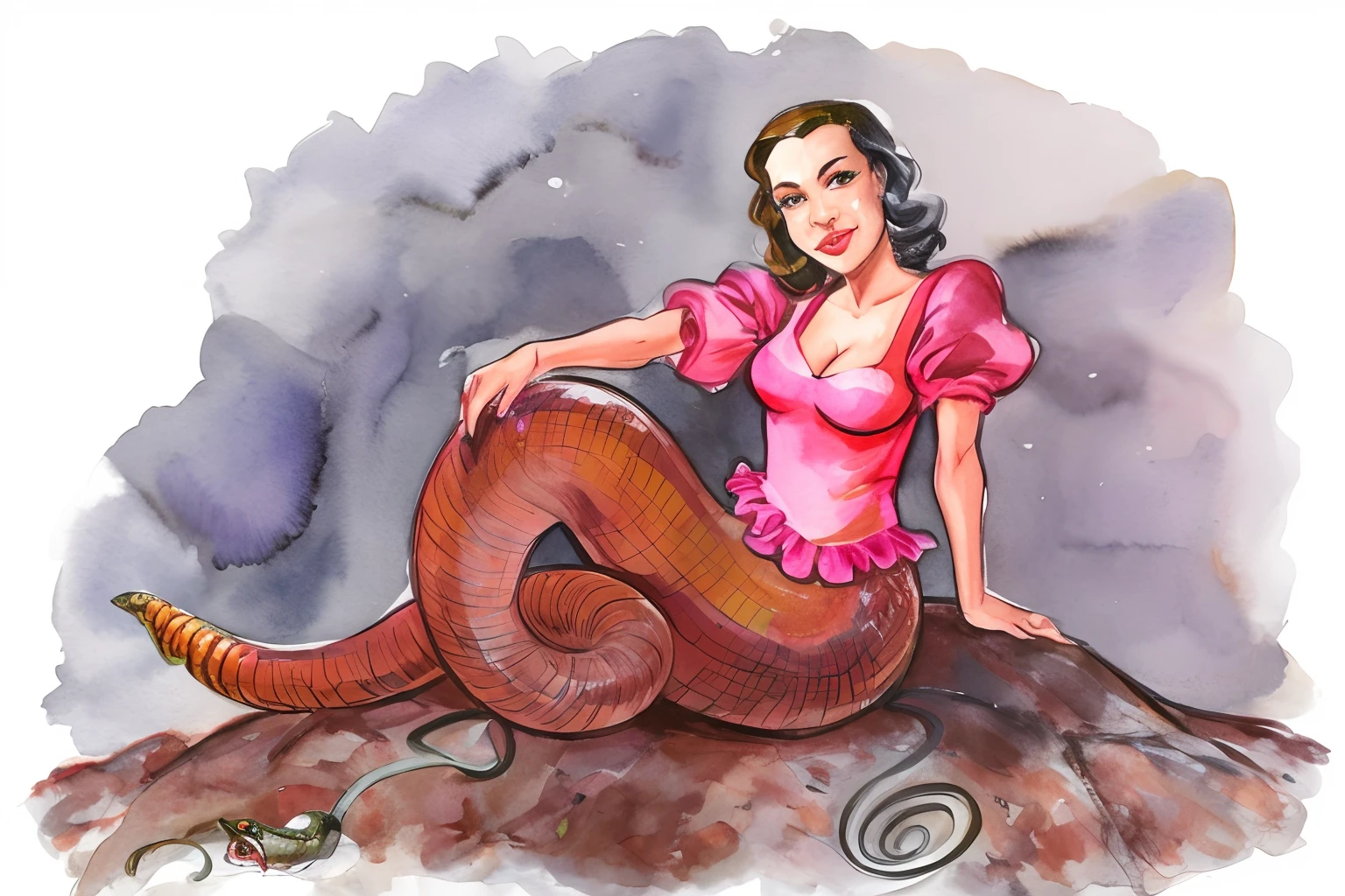 Make a more realistic version, Photographic, Kinematic painting of a woman sitting on a rock with a snake in her lap, full-colour illustration, full-colour illustration, ink and watercolor illustration, inspirado em Gustaf Tenggren, color digital illustration, Deusa do Horror Eldritch, lamia, full-colour illustration, colorful sketch, mulher cobra, pose serpentina, official illustration, illustration!, Retrato da Sereia