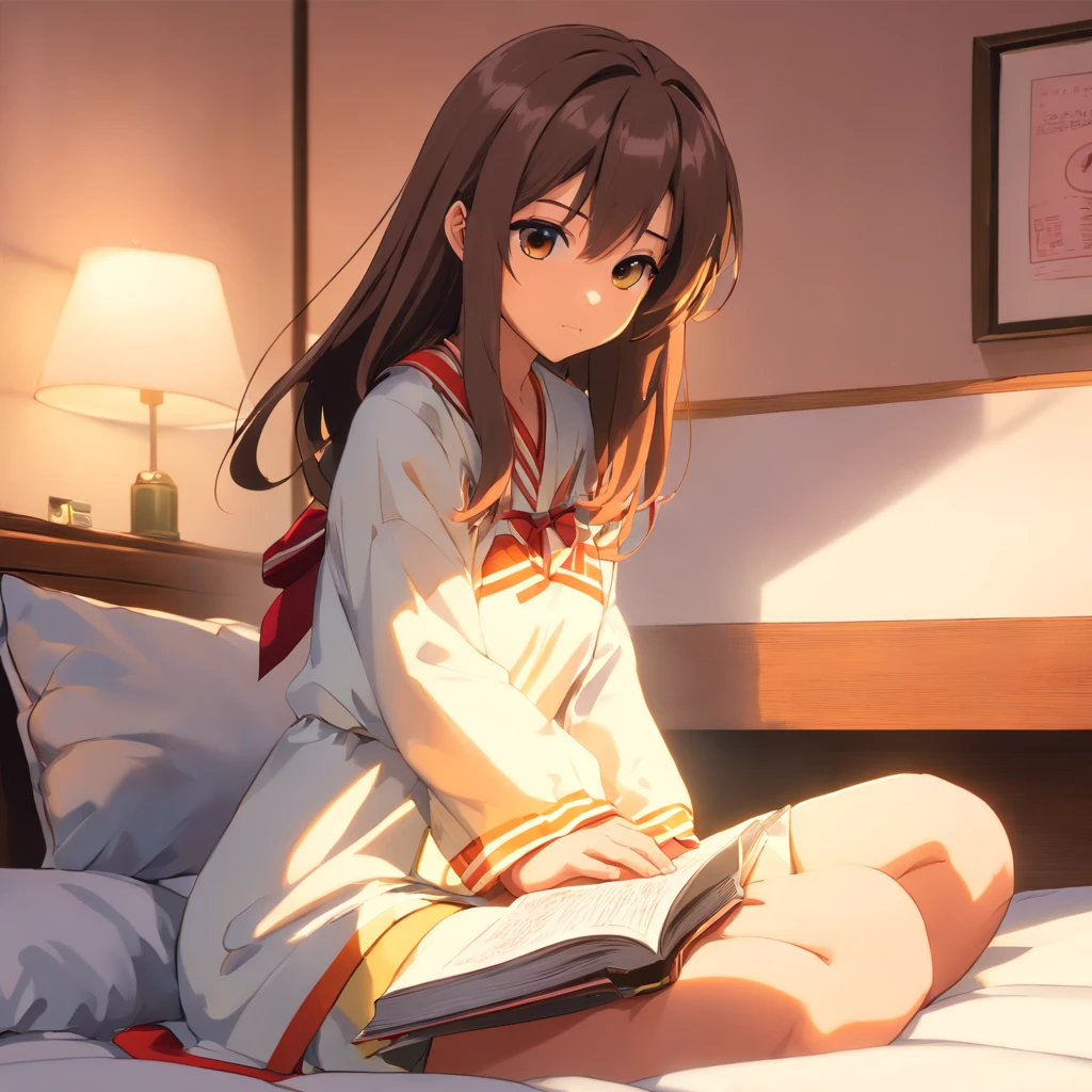 masterpiece, highest quality,1 girl, hospital, indoors, window, Light of light, Liar, bed,super mini skirt,(masterpiece, best quality:1.2),illustration,8k,hd,1girl,solo,upper body,(portrait:1.2),brown_hair,folded_ponytail,brown_eyes,serafuku,long_hair,school_uniform,skirt,pleated_skirt,