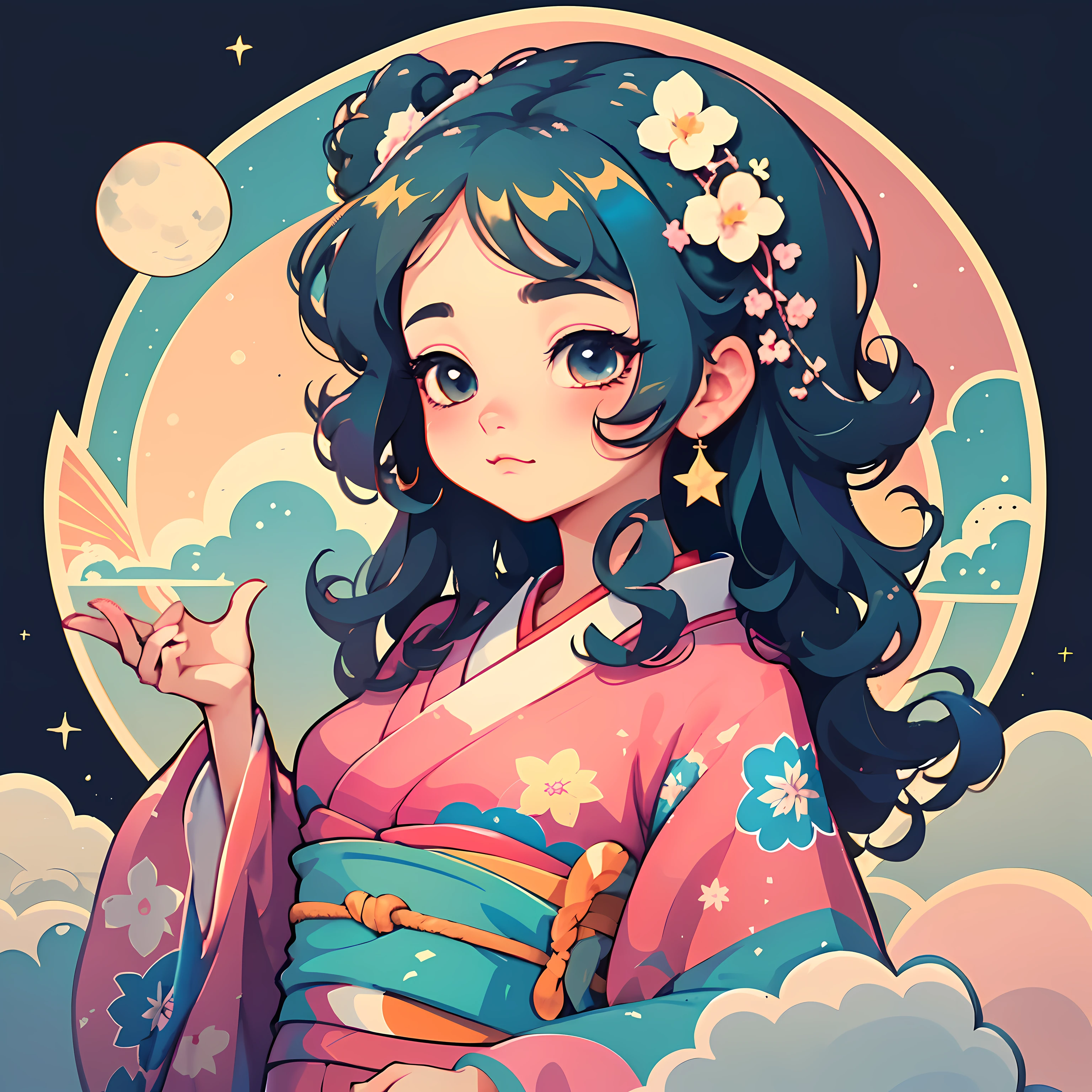 1 sticker, sticker, nikkaze, (cute girl), (gorgeous kimono), (gorgeous hair accessory), (Japanese traditional hairstyle), cherry blossoms, clouds, behind is a huge round moon, stars, white background, no background, simple background, minimal, cute, tiny, pastel color, vector style, no gradient