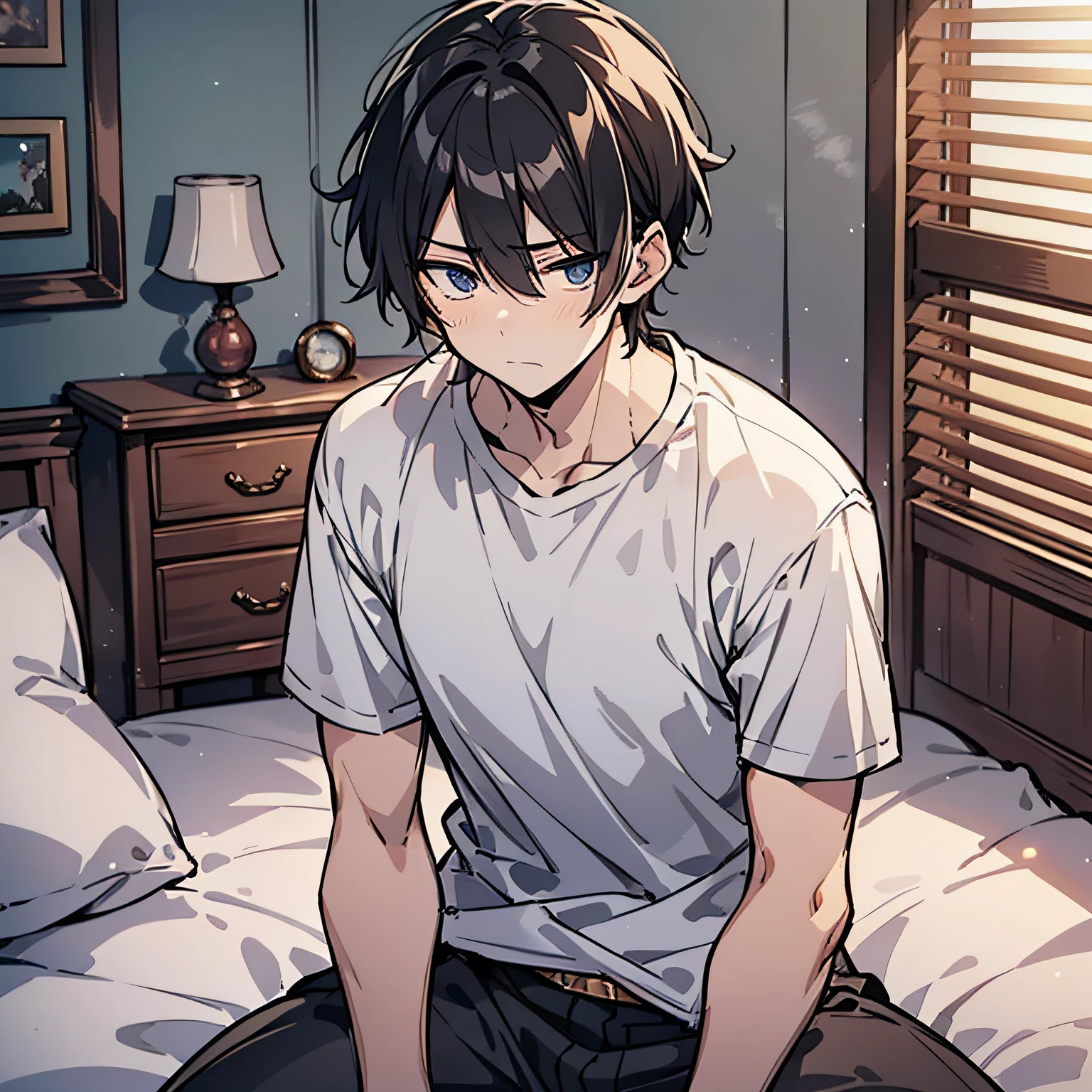 Around 18 years old, young anime man,Short black hair 1.5,Wear a plain white shirt,Sitting on the edge of the bed in the room with a sad expression(Indo blackened 1.5)(The background is in the room in the village:1.5),Anime style 4K,Anime rendering,style of anime,8K fineness,(Upper body display:1.5)(Cinematic lighting:1.5)(Handsome anime boy 1.5)