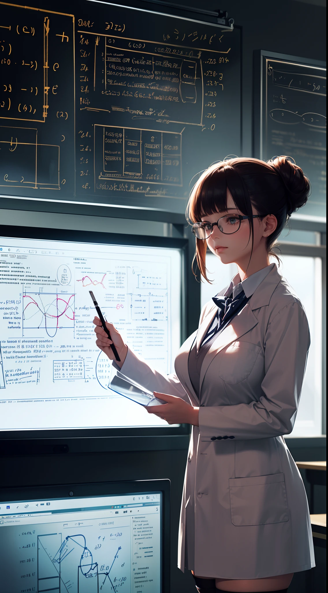 A teacher stand in front of the blackboard,Facing students,(Cowboy shot,above knee portrait:1.25),Scholar girl,huge breast,Teacher's professional suit,Black stockings,messy bun,glasses,(laboratory,classroom,experimental equipment,blackboard filled with equations written on the board,students In the dimly-lit laboratory:1.25),