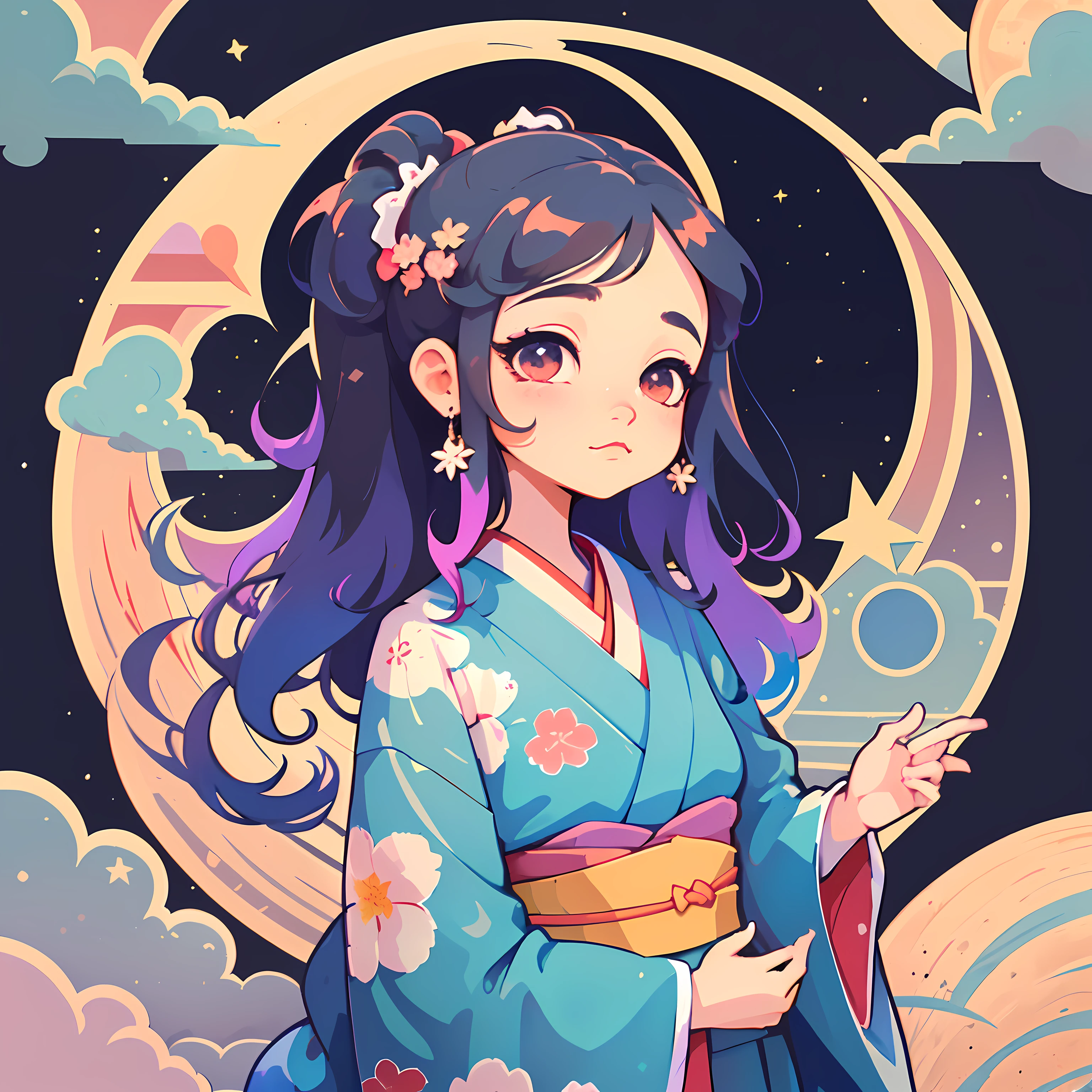 1 sticker, sticker, nikkaze, (cute girl), (gorgeous kimono), (gorgeous hair accessory), (Japanese traditional hairstyle), cherry blossoms, clouds, behind is a huge round moon, stars, white background, no background, simple background, minimal, cute, tiny, pastel color, vector style, no gradient