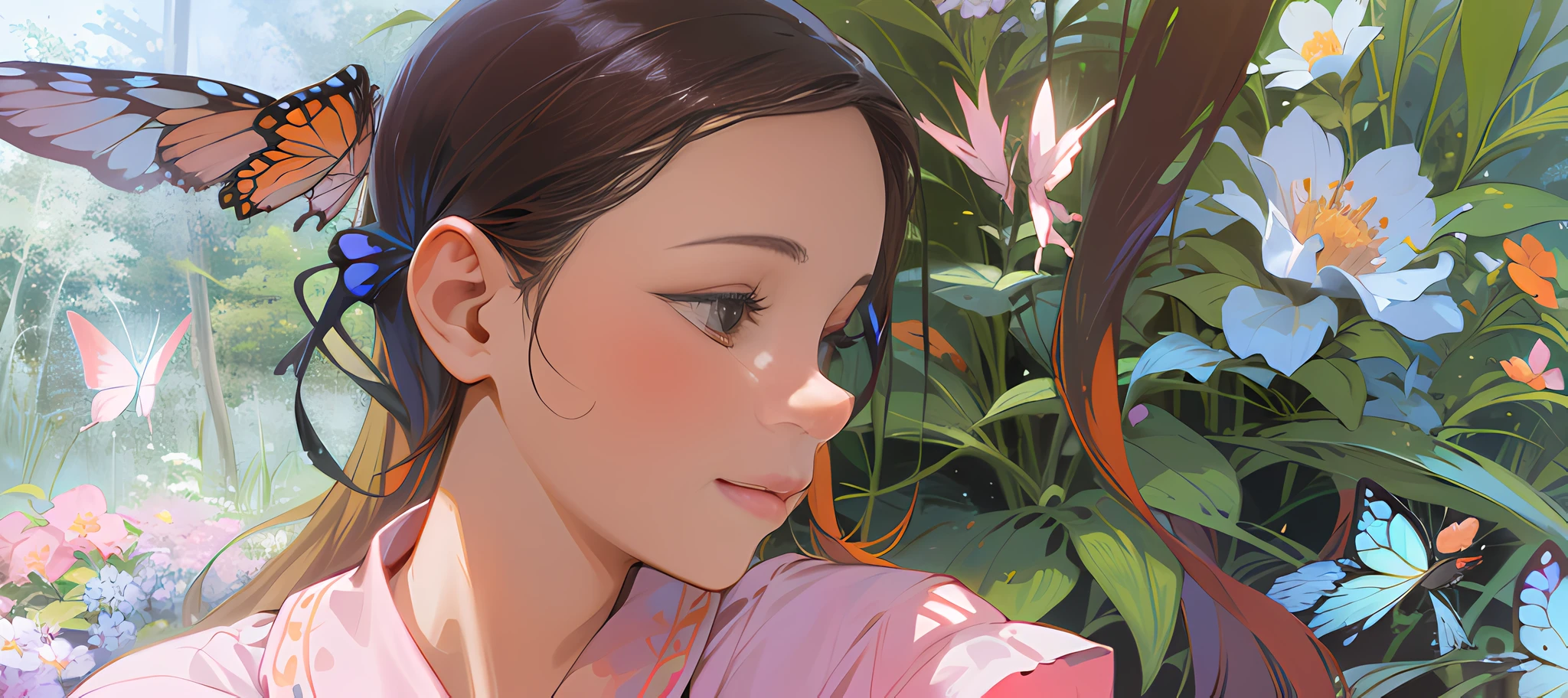 Pretty girl,  ((orange long hair)), young girl, ((flower: 0.5)), ((Butterfly: 0.5)), (( dreaming garden : 0.7), happy face