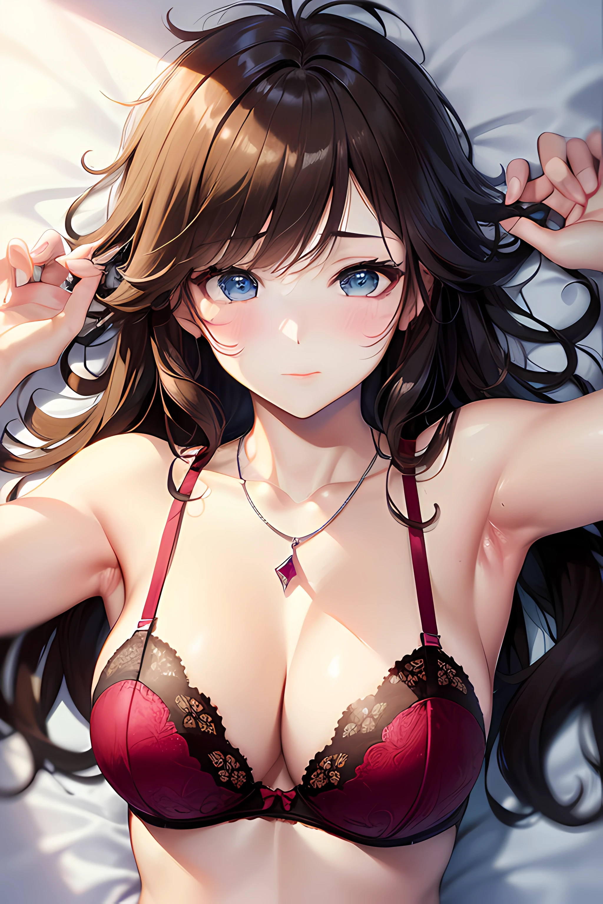((nsfw:1.4, masterpiece, best quality, highres, UHD, perfect pixel, depth of field, 4k, RTX, HDR))), 1girl, single, solo, beautiful anime girl, beautiful artstyle, anime character, ((long hair, bangs, dark brown hair, messy hair:1.6)), ((detailed eyes, anime style eyes, beautiful eyes, sparkling eyes, realistic eyes, curly eyelashes)), ((detailed face, blushing:1.2)), ((smooth texture:0.75, realistic texture:0.5, anime CG style)), ((medium breasts, cleavage)), indoor, bedroom, dynamic angle, busty, perfect body, dynamic pose, armpit, hands up, ((fall asleep on the bed, supine, sleepy, open eyes, laying on bed)), ((close up, POV, cute, shot on face, sighing expression, wake up)), ((maroon bra color, maroon lingerie, single diamond necklace)), (natural light, light reflection, morning)