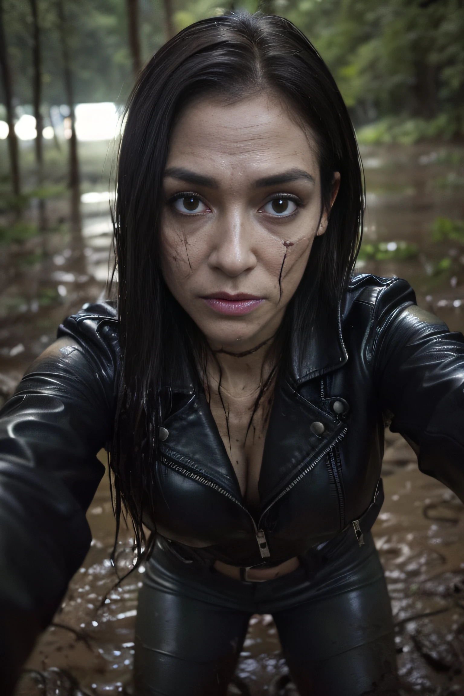 Tormented by lust, A woman in jeans and a leather jacket was caught off guard in the woods at night, indulging in his sexual fetish of drowning in a swamp. Lust causes her to drown in a swamp. Her face is haggard and dehydrated. She is perplexed and looks around in fright. There is pitch darkness all around, The light only comes from the camera's flash.
TAGS: night time, blurred background, (First-person selfie for Instagram:1.7), (It's dark all around:1.7), (Light only from the camera:1.7). woods, The woman, (Tormented by lust:1.4), In blue old jeans, leather jacket, in blouse wearing, swamp, (drowning in a swamp), (Drowning in a muddy swamp up to his thighs:1.8), (Sexual fetish:1.3), fright, stunned, Looking around. (emaciated face:1.6), (dehydrated face:1.6), (swelling of the face:1.6), (Short hair gathered in a ponytail:1.2),