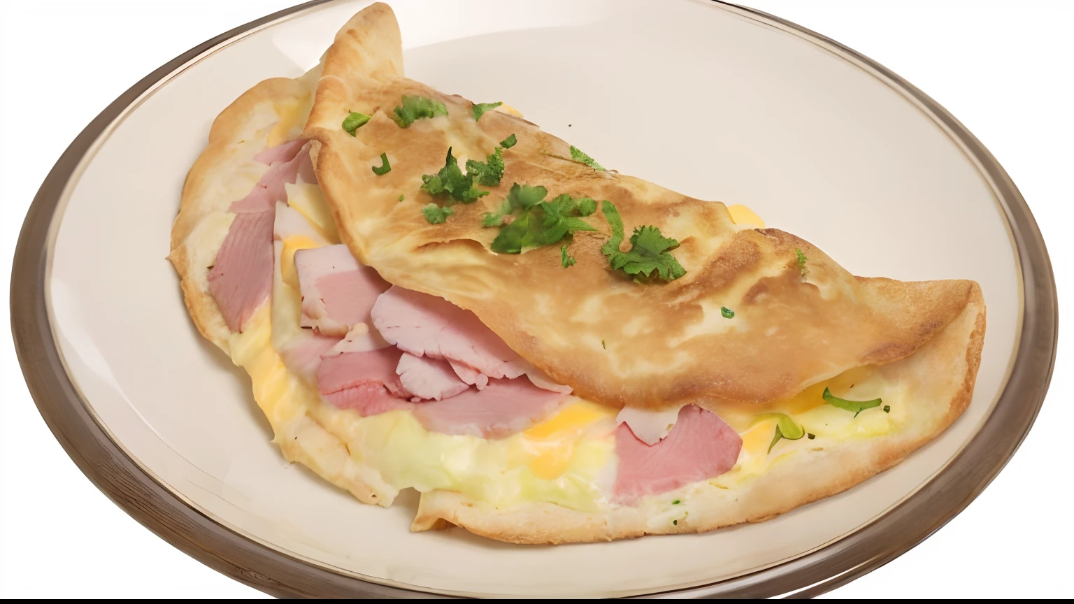 There is a ham and cheese omelette on a plate, Calzone Area, Desayuno abundante, desayuno, he, por Kishi Ganku, Green eggs and ham, summer morning, Carne de almuerzo, por Kiyoshi Yamashita, by Nakahara Nantenbō, en forma de cono, receta, por Nishida Shun'ei, hermoso:2 ((8k))