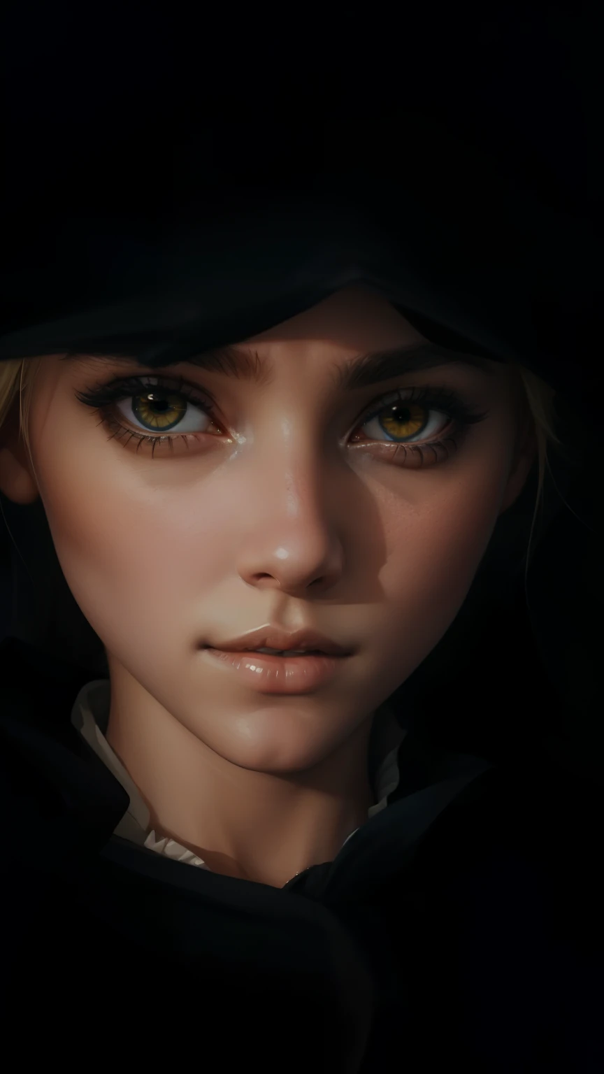 ((wallpaper 8k)), ((ultrarealistic)), ((high detailed)), ((masterpiece)), ((best quality:1.2)), 1girl, cloak, black dress, capelet, blonde hair, yellow eyes, breasts, updo hair, long hair