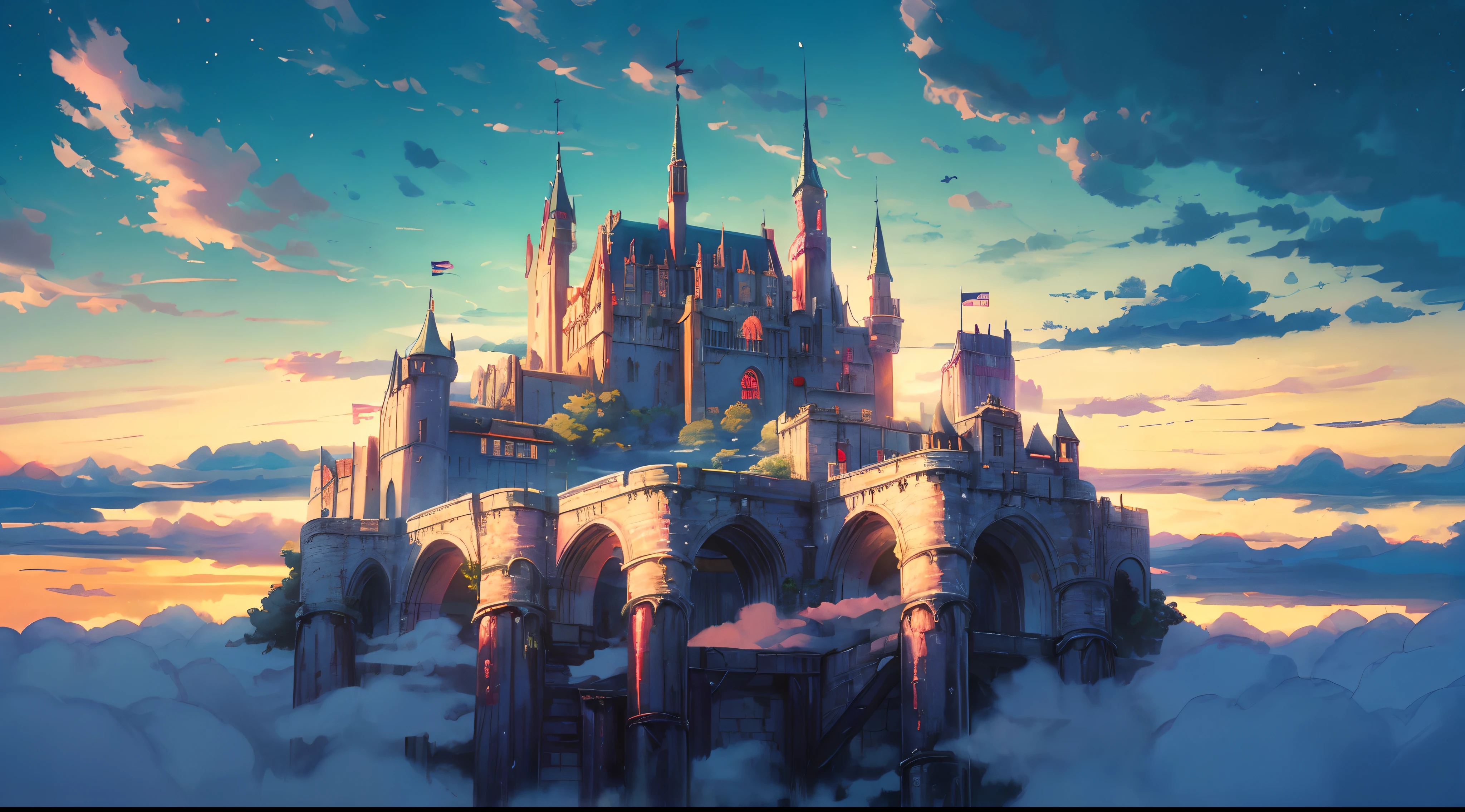 A majestic castle floating on a sky island, reminiscent of an England-style fortress, suspended above fluffy clouds, (shot from below:1.4), basking in the warm glow of the sun, radiating vibrant colors, Masterpiece