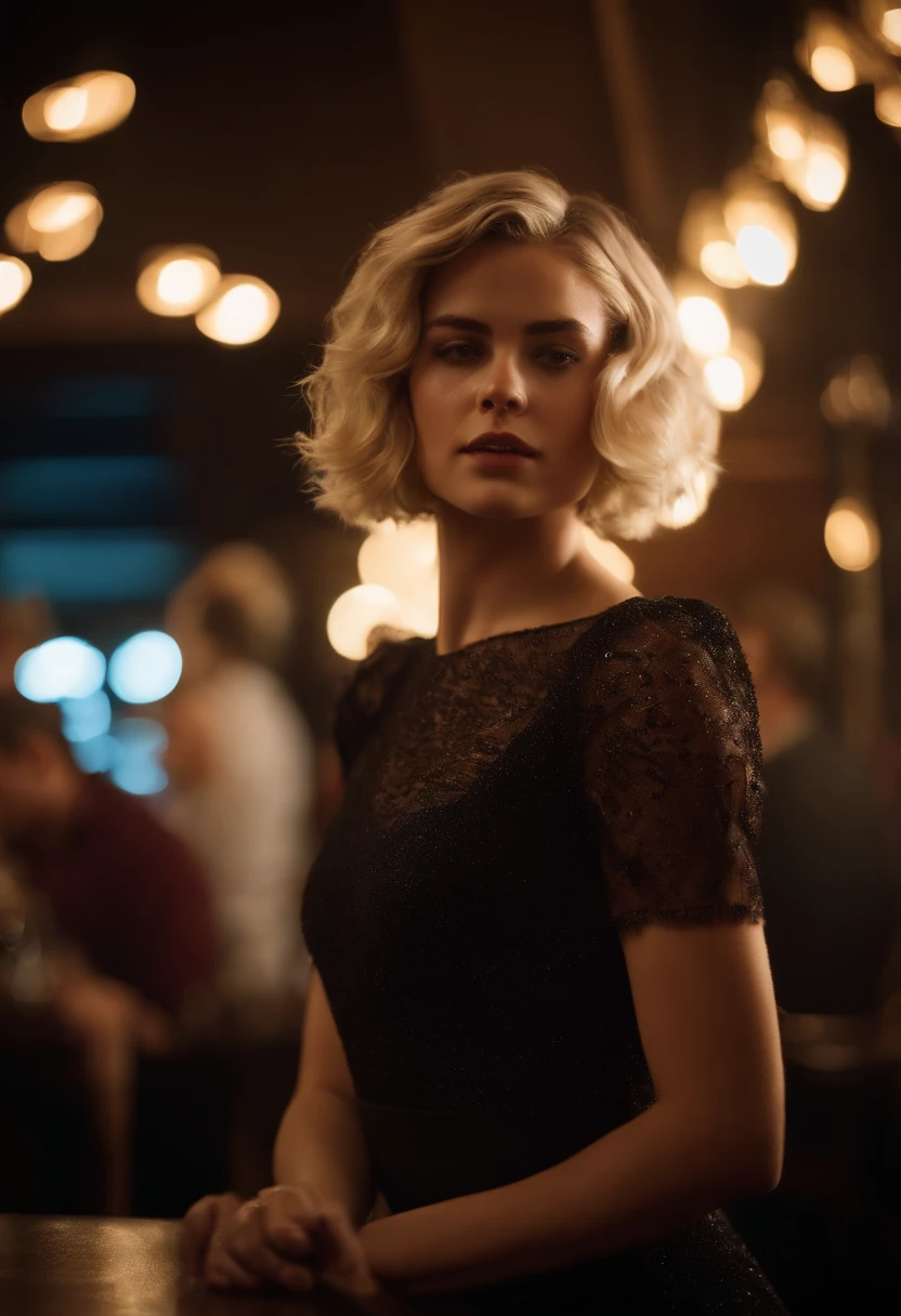 modern blonde petite 18 year old young woman, melbourne Australia, movie, wearing dress, short pixie hair, floppy hair, messy hair, looking sultry, cinematic, photo real,, backlit, panavision, depth of field, night time, sexy, bed, in a discreet club, 21st century, bar,