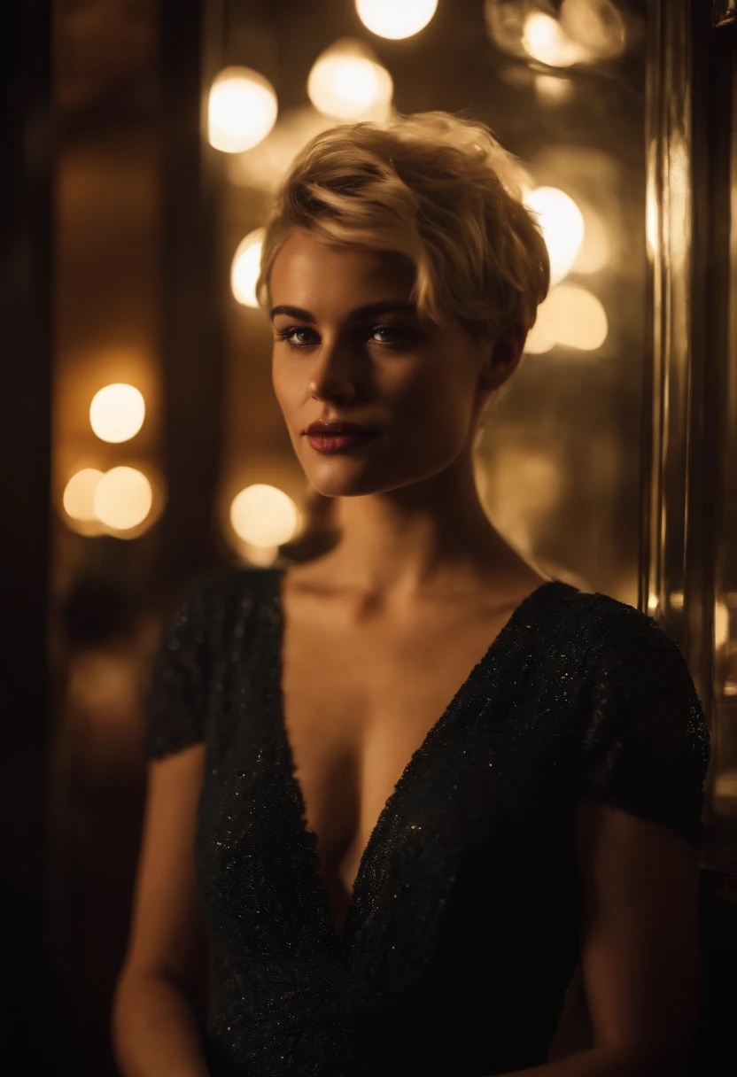 modern blonde petite 18 year old young woman, melbourne Australia, movie, wearing dress, short pixie hair, floppy hair, messy hair, looking sultry, cinematic, photo real,, backlit, panavision, depth of field, night time, sexy, bed, in a discreet club, 21st century, bar,