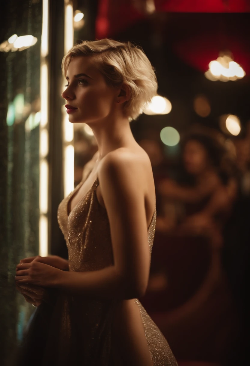 modern blonde petite 18 year old young woman, melbourne Australia, movie, wearing dress, short pixie hair, floppy hair, messy hair,  looking sultry, cinematic, photo real,, backlit, panavision, depth of field, night time, sexy, bed,  in a discreet club, 21st century, bar,