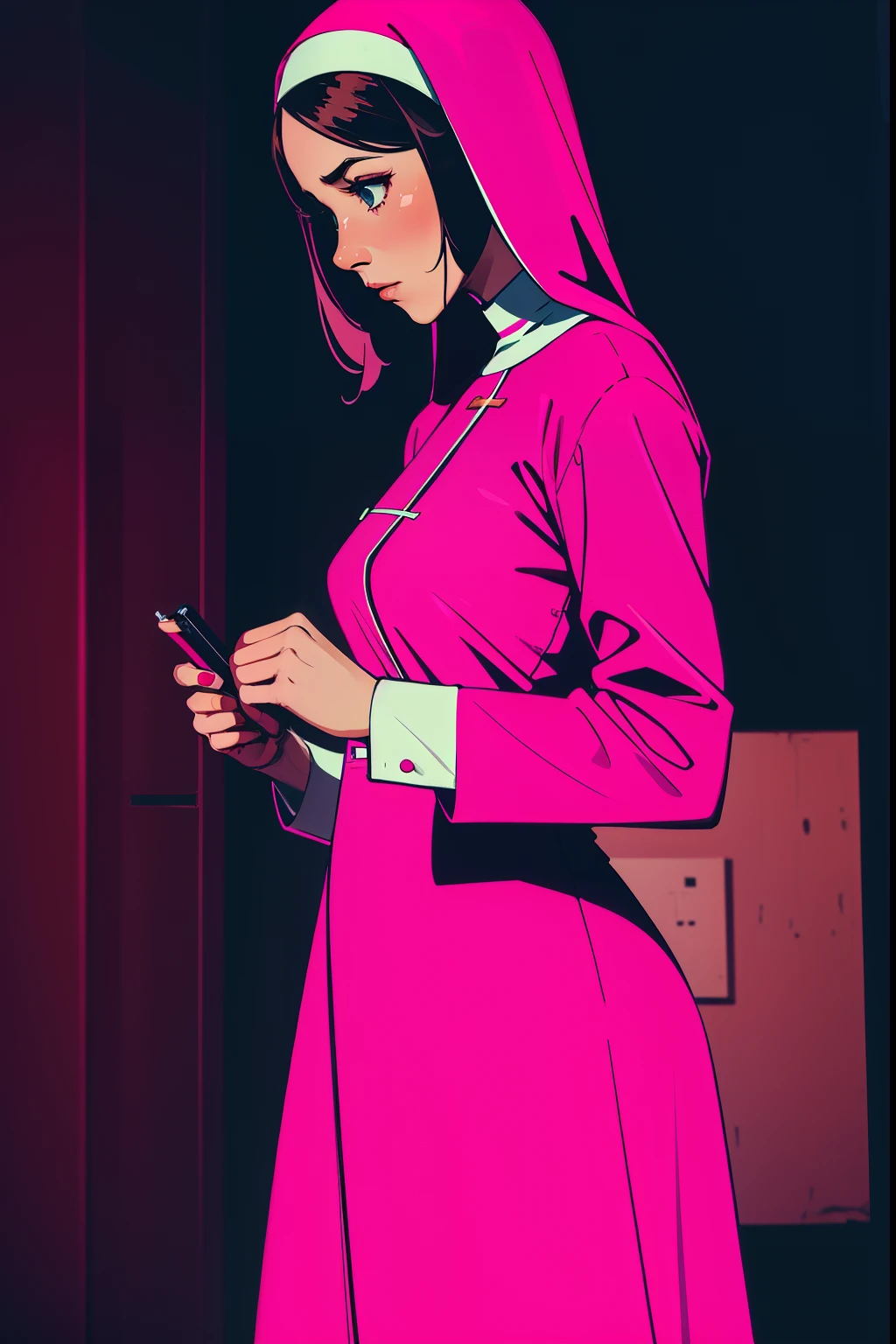 woman, wearing a pink nun suit, dark background, night time, action,