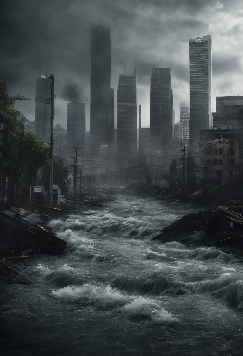 Create a cinematic cityscape，Towering tsunami waves pound the city skyline. The lens should capture the absolute power and destructive power of the wave, The building in the foreground is partially submerged, debris flying, and the feeling that disaster is imminent. Long lens camera angle with EE 70mm lens on the Nikon D850, Aim for high resolution, Photorealistic rendering. Ensure that the scene is highly detailed, With HDR lighting, And convey a sense of urgency and confusion.