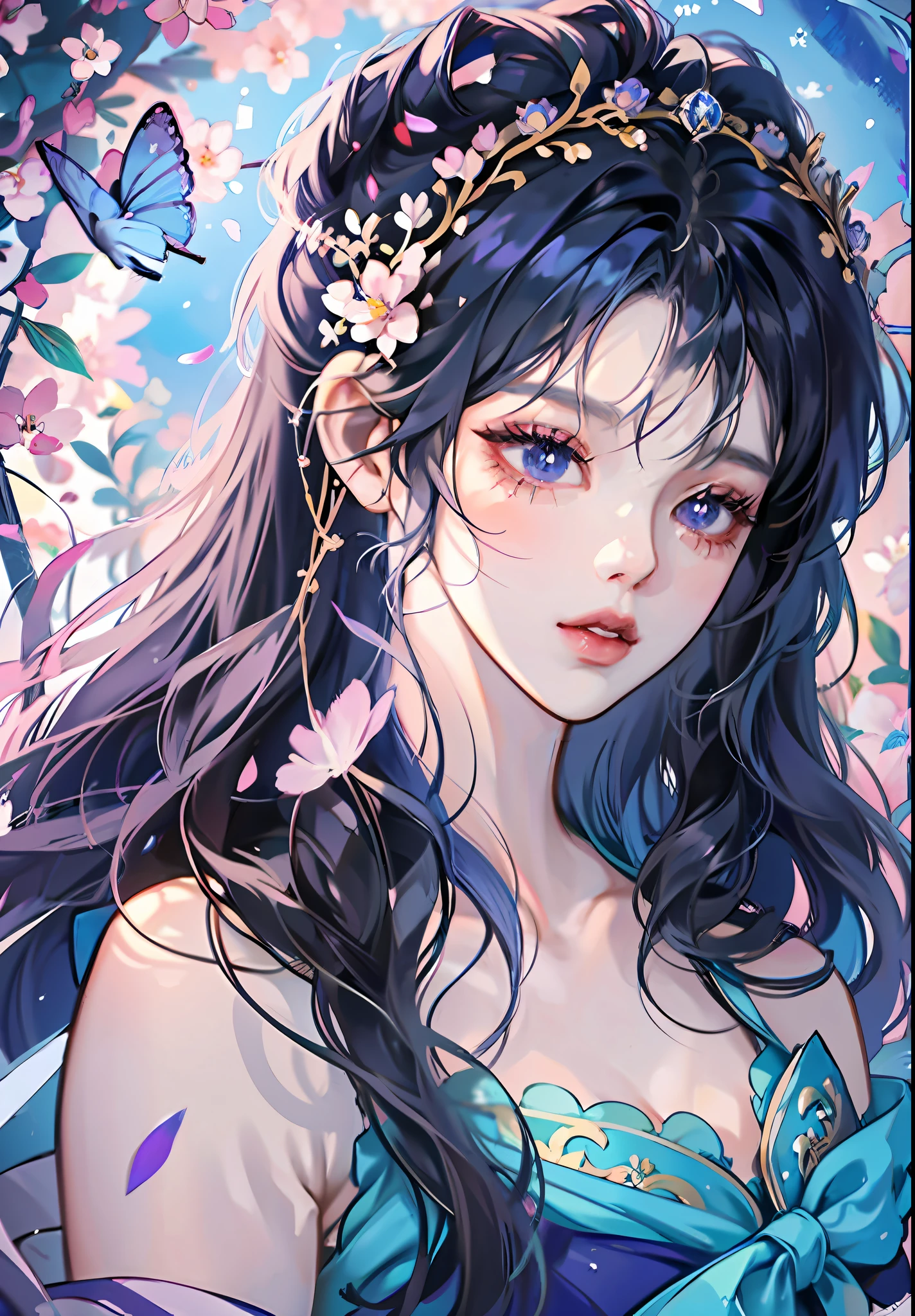 anime girl with dark blue hair wearing a blue dress, artwork in the style of guweiz, beautiful anime portrait, guweiz, beautiful anime girl, beautiful anime style, anime girl with dark blue hair, anime style. 8k, in the art style of bowater, beautiful digital illustration, beautiful character painting, stunning anime face portrait, ((blunt bangs)), purple eyes, (((flowers crown))),  surrounded by blue butterflies,  (((dynamic angle)))