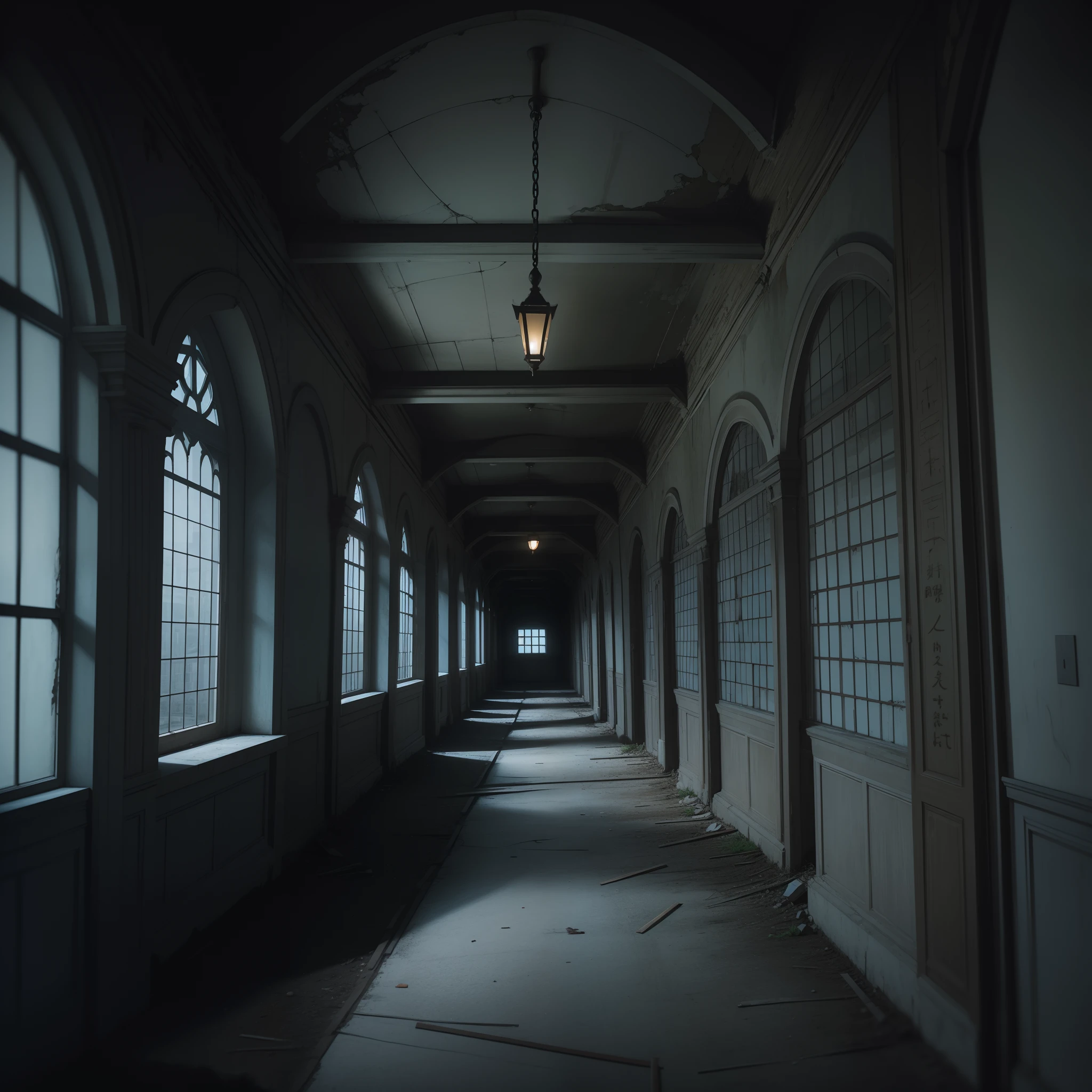 Raw photo、top-quality、2k wallpaper、landscape shot、Cloister of an abandoned school、Unlit hallway、（Night shooting）、murky、Darkness outside the window