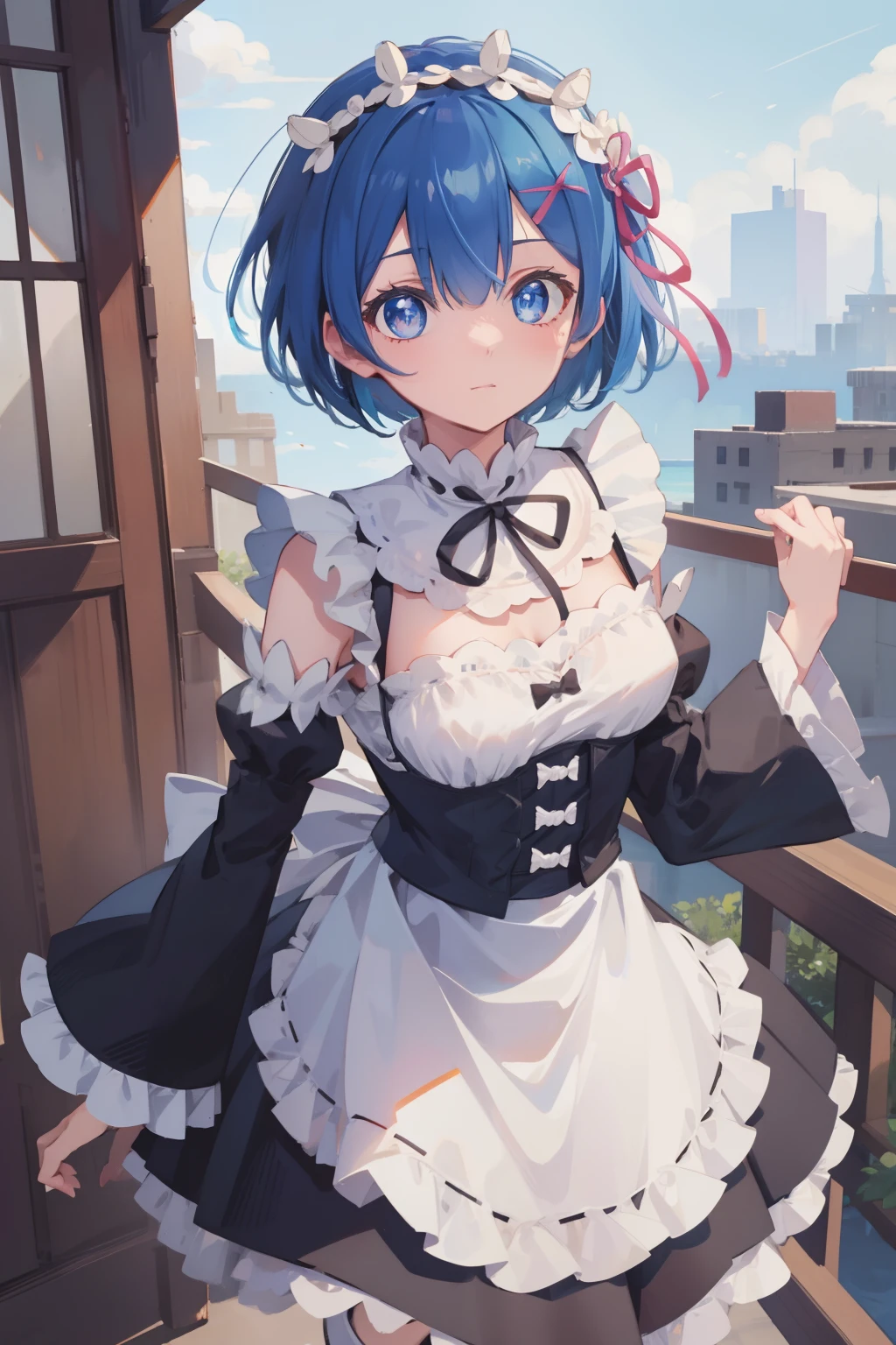 rezerorem, rem, blue eyes, blue hair, hair ornament, hair over one eye, hair ribbon, short hair, x hair ornament,
BREAK apron, black ribbon, black skirt, black sleeves, detached collar, detached sleeves, flower, frilled apron, frilled skirt, frills, head wreath, long sleeves, maid, miniskirt, neck ribbon, purple ribbon, ribbon, ribbon trim, ribbon-trimmed sleeves, roswaal mansion maid uniform, short hair, skirt, thighhighs, waist apron, white apron, white thighhighs,
BREAK outdoors, city,
BREAK looking at viewer, 
BREAK (masterpiece:1.2), best quality, high resolution, unity 8k wallpaper, (illustration:0.8), (beautiful detailed eyes:1.6), extremely detailed face, perfect lighting, extremely detailed CG, (perfect hands, perfect anatomy),