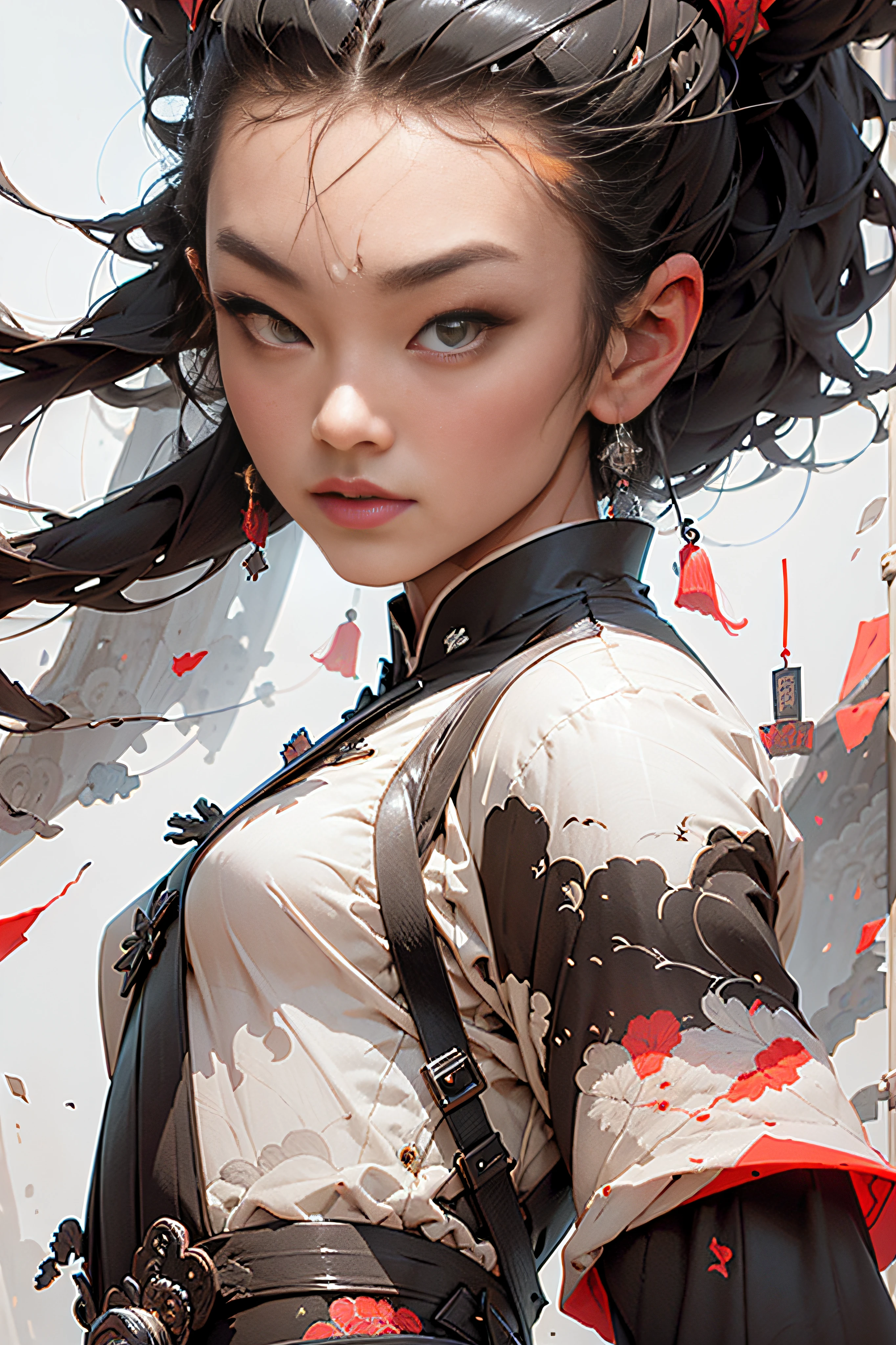 wuxia,vector art,1ebony woman with tattoos,black hair,white clothes,super colorful,luminous colorization,sharp, cinematic,dof,35mm,pintura luminosa