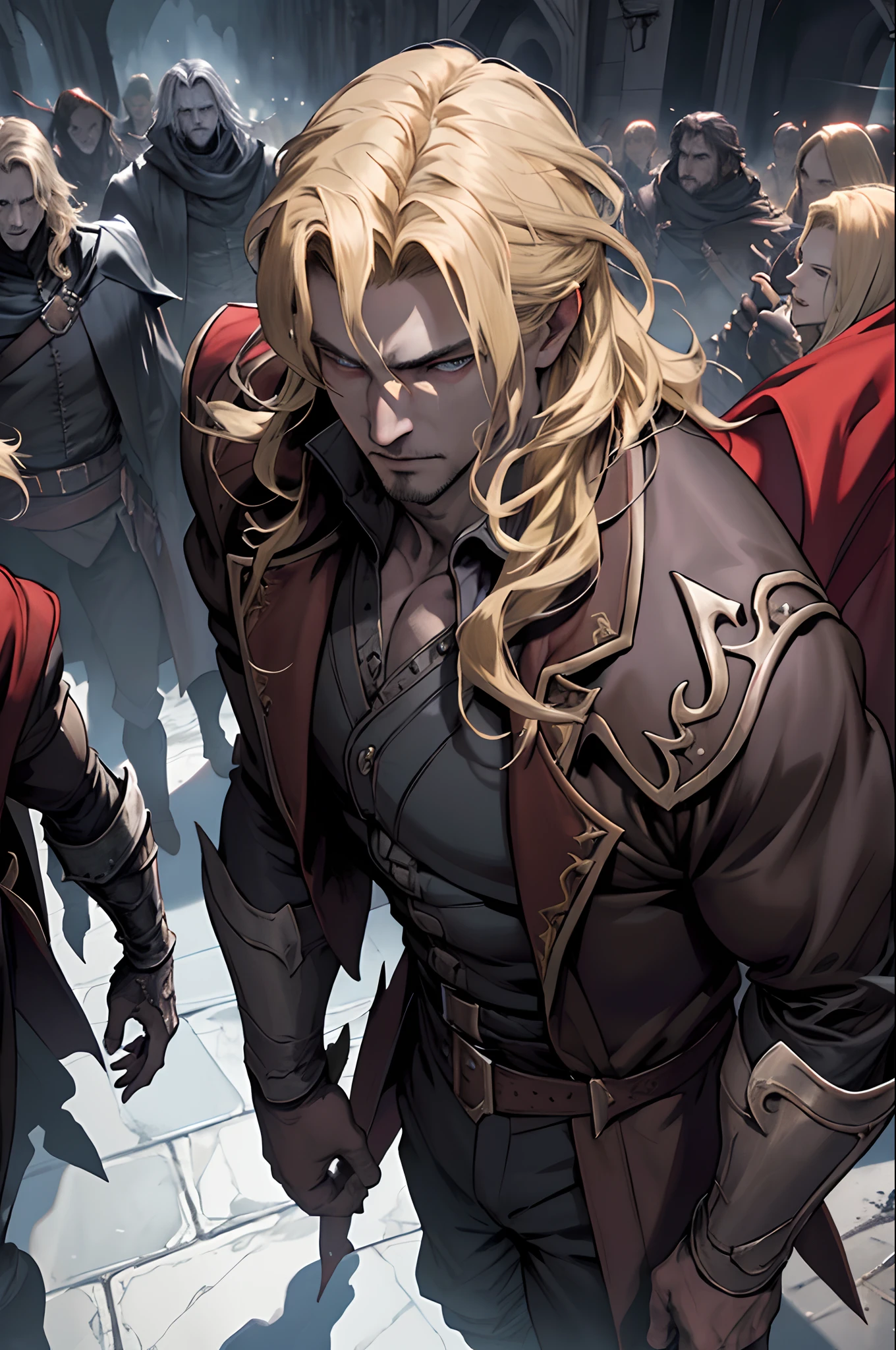 Castlevania Lord of the shadows blond hair very detailed face hyper realistic super detailed Dynamic shot master piece scene cinématique scènes du filme lord Dracula leading troops army of demons to battle War hyper realistic