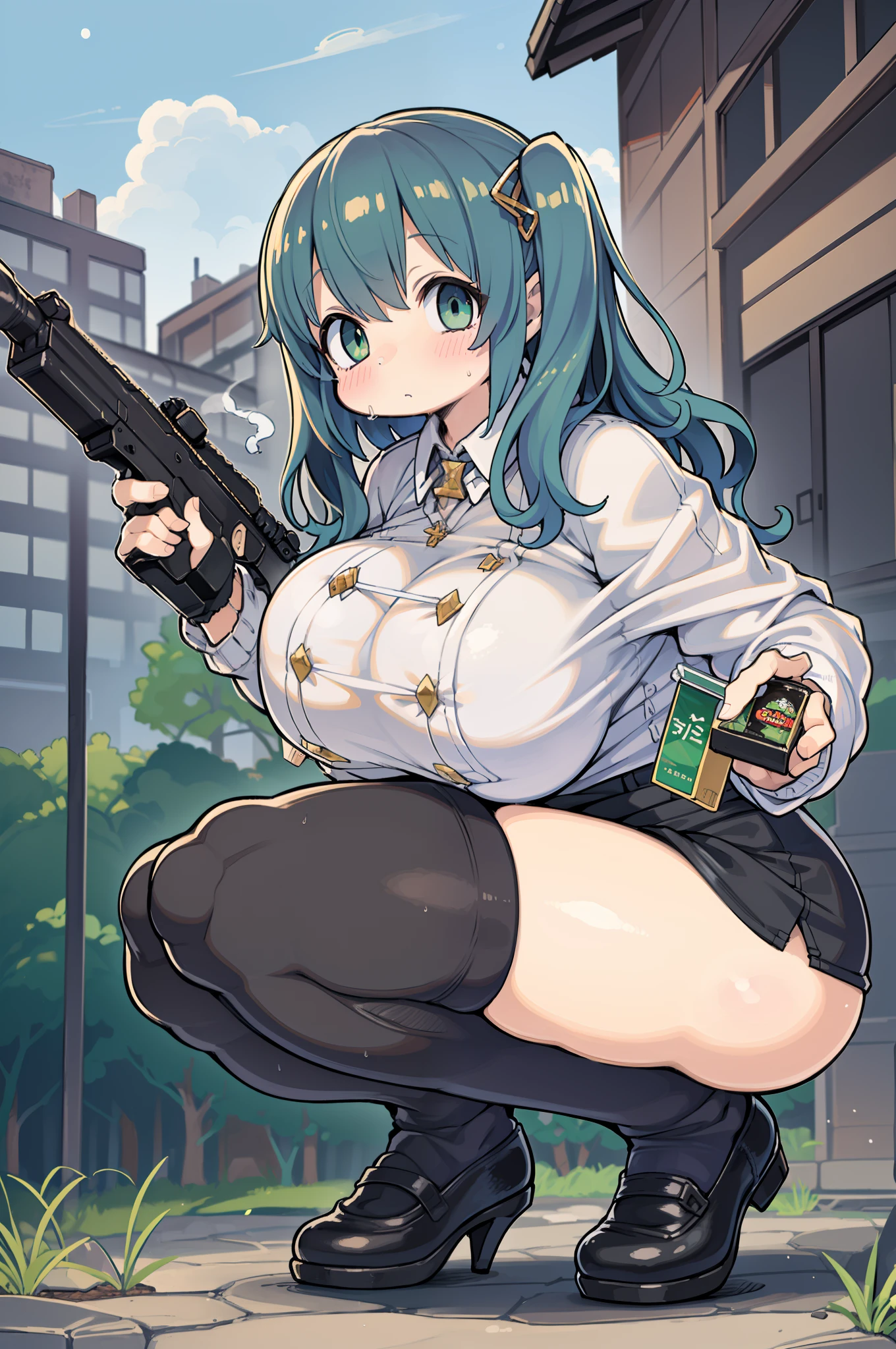 (Hold a huge assault rifle)、Long sideburns、Anime-style girl with beautiful whole body, clean detailed faces, ciber,analogous colors, Glowing shadows, beautiful gradients, depth of fields, CLEAN IMAGE, High quality,Black Parker Clothing、 high detailing, High Definition, blush, Fit, Heavenly Beauty, Very detailed, Soft lighting, Full body,Green&Black hair,Green eyes、(((huge-breasted)))、From below、Crouching,sitted,Smoking、((assault rifle))
