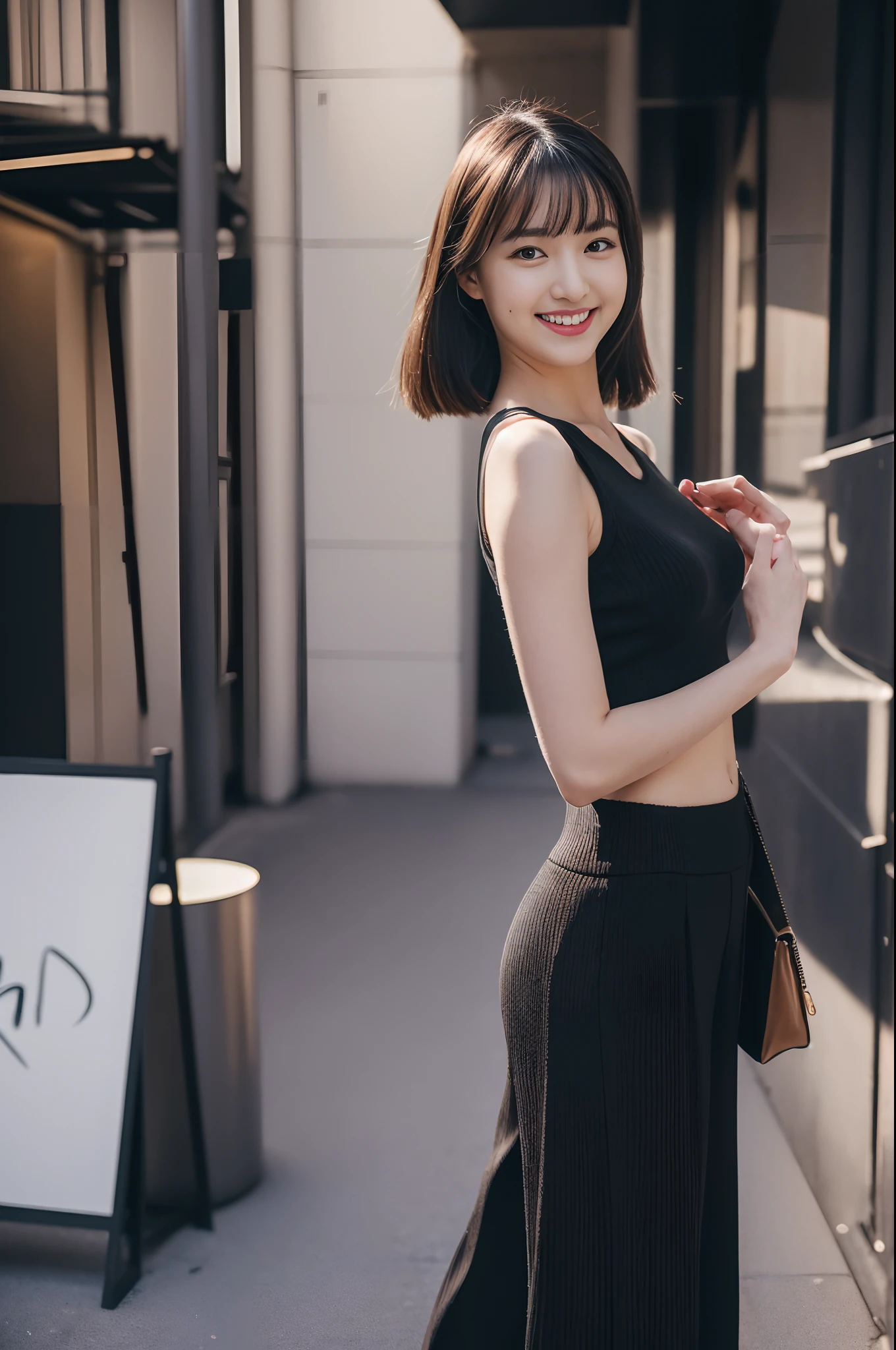best quality, masterpiece, ultra high res, 8K, raw, (photo realistic:1.4), professional lighting, low angle, 1 girl, (detailed background:1.5), tokyo shibuya street, full body, slender, dynamic pose, cute, smile, tiny breasts, detailed clothes, crop_top, (black, wide Leg pants:1.3)