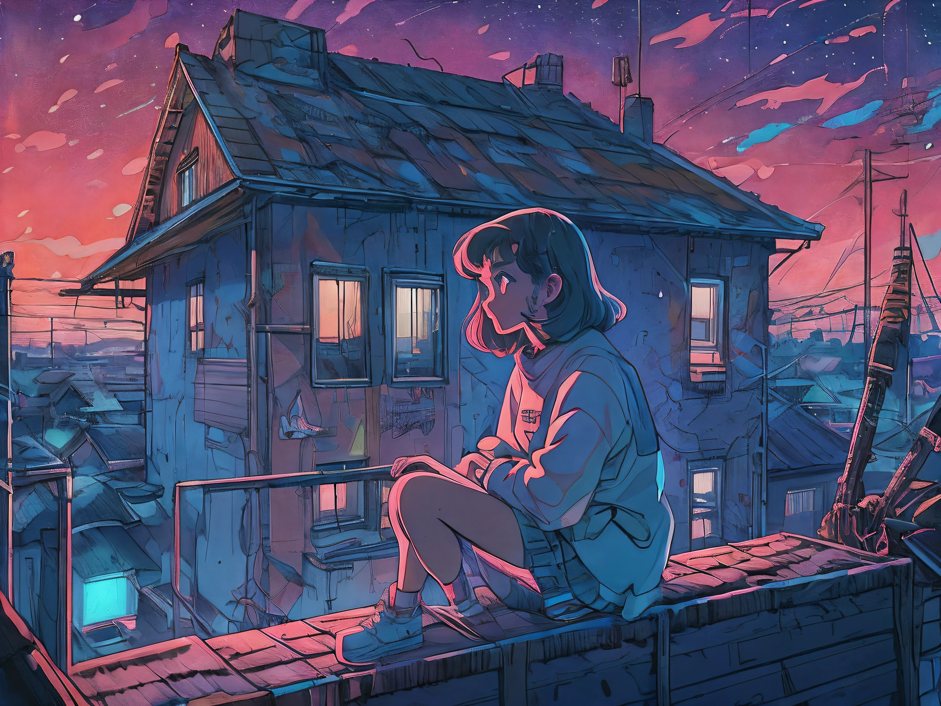 (Lofi), A girl sitting on the rooftop of an old house, Lo-fi image,retro, flat,2.5d, night light, rooftop view, neon scape, beautiful colorful night sky,stars ,analog color theme, fantasy ,line art, ink drawing, big ink line, watercolor, goauche color, studio Ghibli style, awesome colorful, outurn, synthwave, lofi art,90s style,old texture, amplitude,90s atmosphere, masterpiece, massive skills
