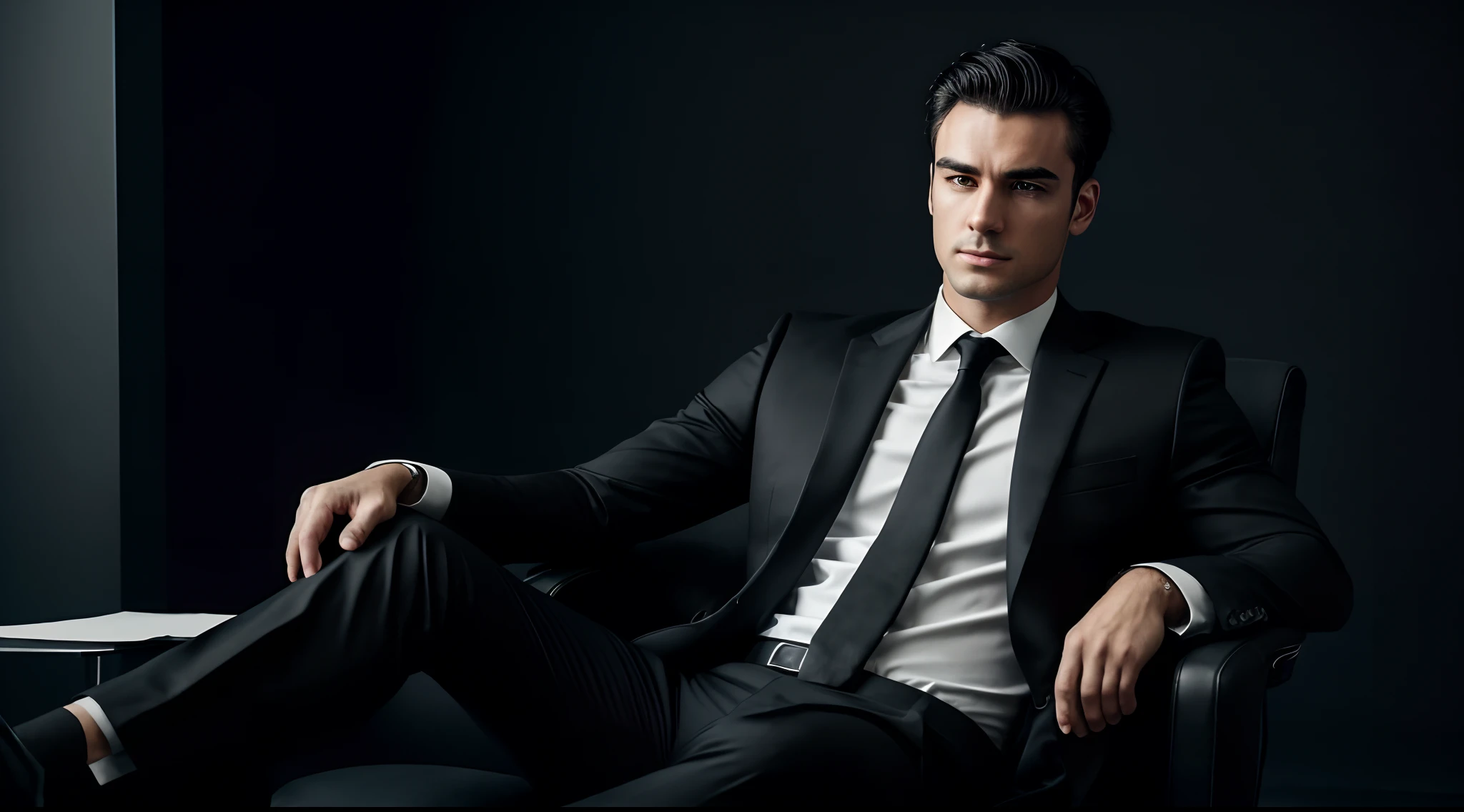 ((half body)) Photo RAW Ceo Man sitting in an office chair, wearing black suit, facing straight, (Impeccable) ,Serious and elegant man, , with thick male eyebrows, (with mysterious and serious face,) short dark hair, dark black background image, elegant, ( high quality and realistic image), ((Best Quality, 8k, Masterpiece), realistic photo.