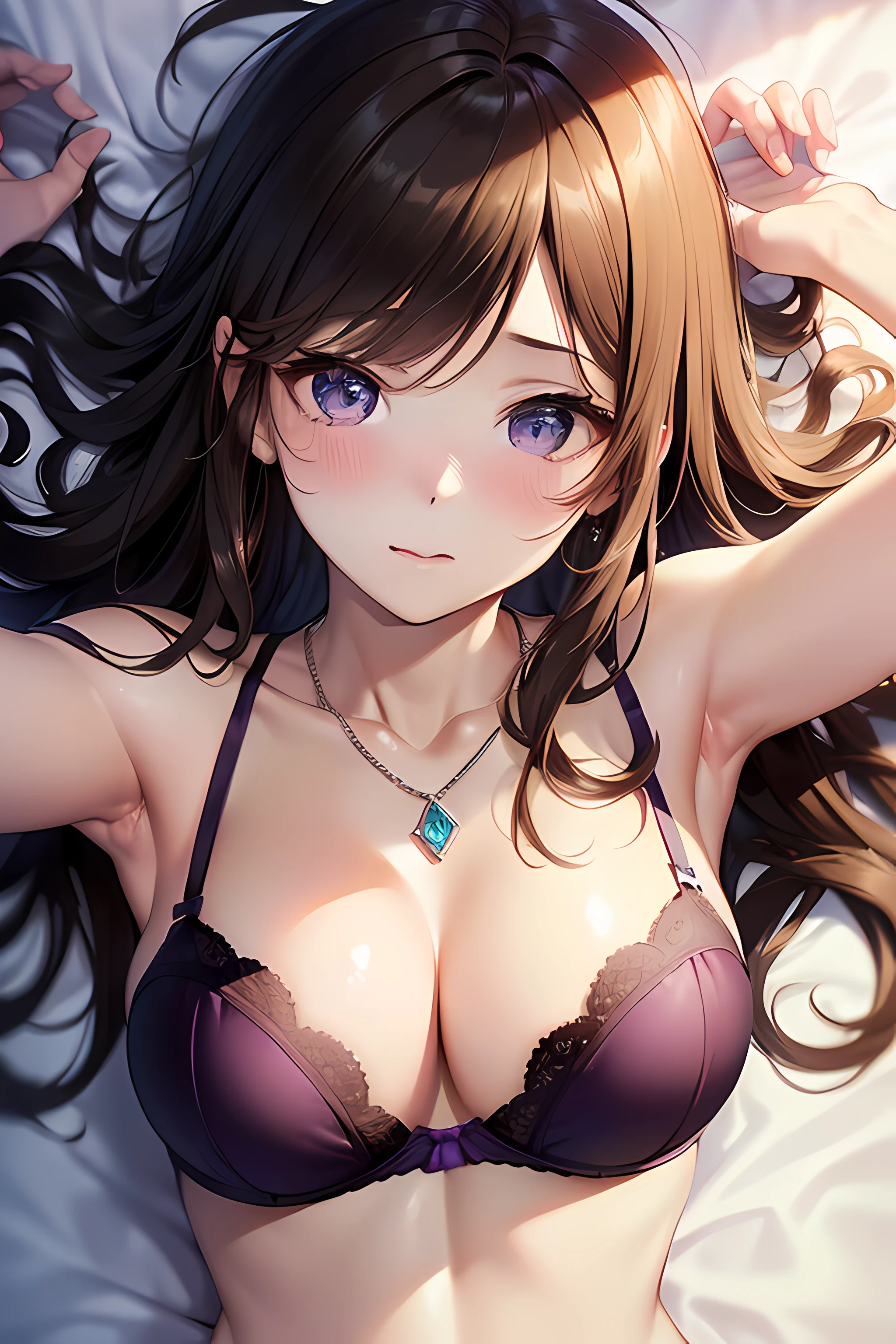 ((nsfw:1.4, masterpiece, best quality, highres, UHD, perfect pixel, depth of field, 4k, RTX, HDR))), 1girl, single, solo, beautiful anime girl, beautiful artstyle, anime character, ((long hair, bangs, dark brown hair, messy hair:1.6)), ((detailed eyes, anime style eyes, beautiful eyes, sparkling eyes, realistic eyes, curly eyelashes)), ((detailed face, blushing:1.2)), ((smooth texture:0.75, realistic texture:0.5, anime CG style)), ((medium breasts, cleavage)), indoor, bedroom, dynamic angle, busty, perfect body, dynamic pose, armpit, hands up, ((fall asleep on the bed, supine, sleepy, open eyes, laying on bed)), ((close up, POV, cute, shot on face, sighing expression, wake up)), ((purple bra color, purple lingerie, single diamond necklace)), (natural light, light reflection, morning)