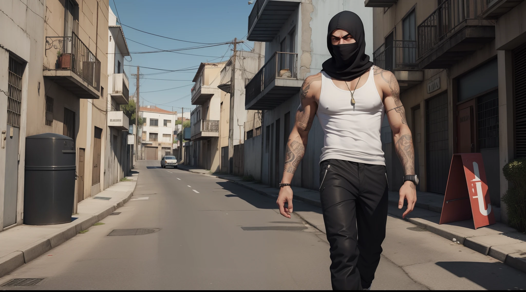 Personagem gangstar com regata branca,Dark and baggy pants,por mascara balaclava,olhar de mal,bairro perigoso em New Jersey,Personagem branci, only in white tank top and black pants,pose de gangstar,estilo Grand Theft Auto San Andreas,Groove Street