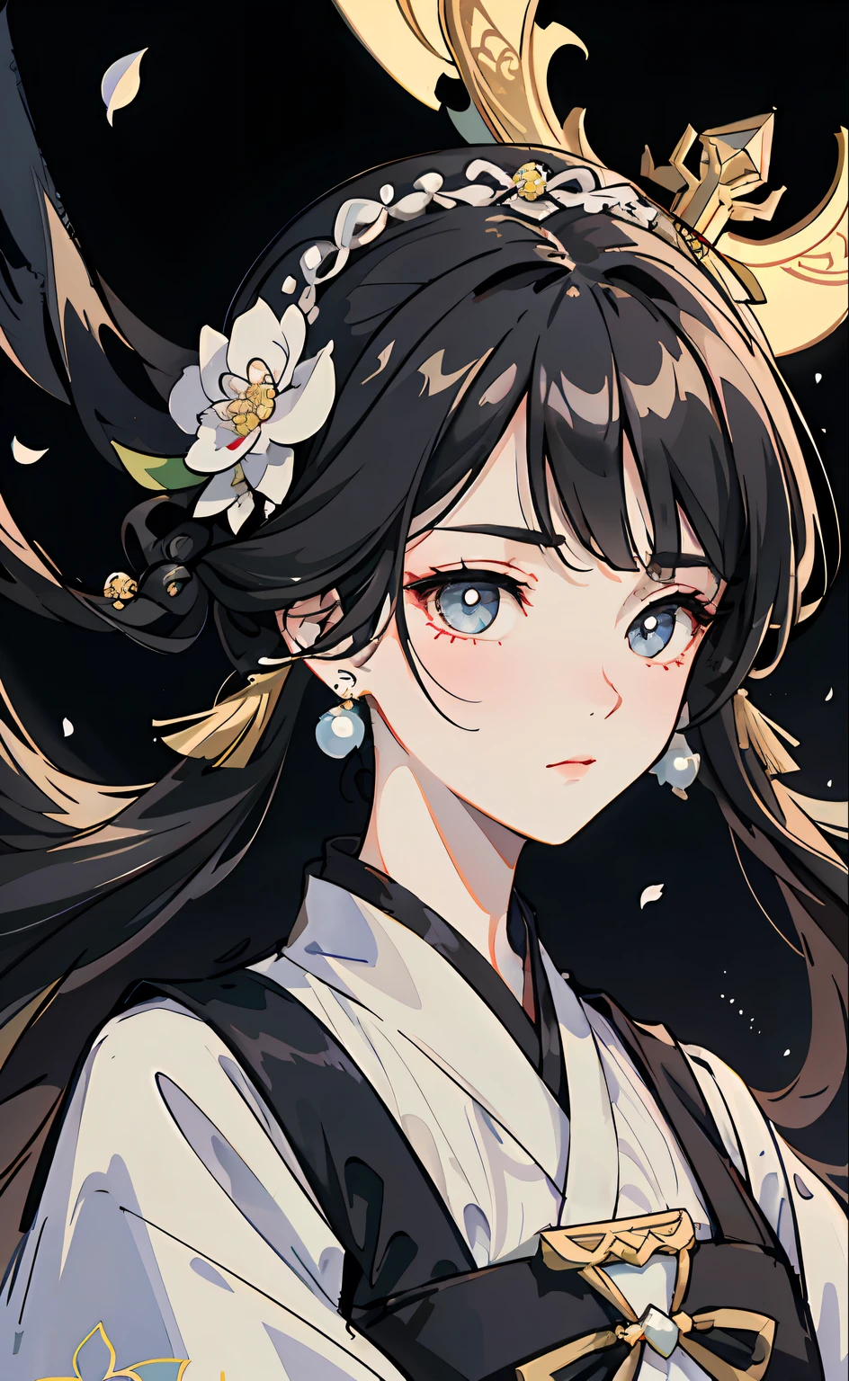 Mature girl , black hair, floating hair, delicate and smart eyes, starry pupils, intricate damask hanfu, gorgeous accessories, wearing pearl earrings, FOV, f1.8, masterpiece, complex scene, flower petals flying, front portrait shot, Chang'e