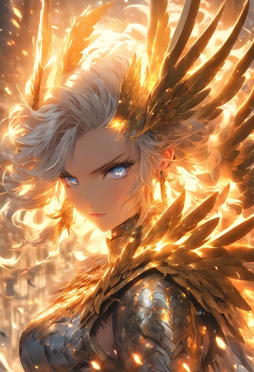 The most beautiful and sexy warlord goddess, platinum gray hair, glowing blue eyes, highly detailed white spiked battle armor, golden angel wings, tattoos and piercings, flower pedals blowing in the wind, post apocalyptic winter world, perfect masterpiece, high quality, high resolution