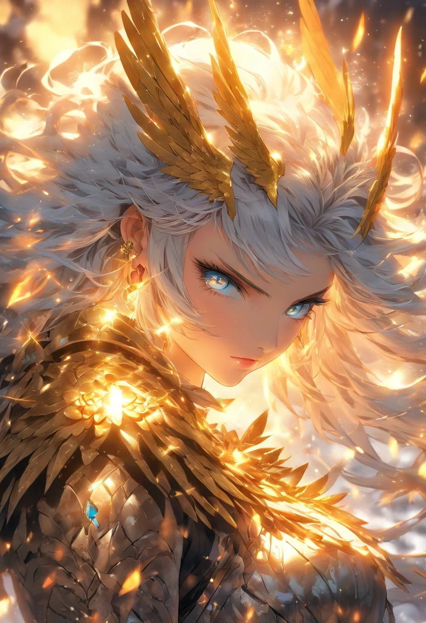 The most beautiful and sexy warlord goddess, platinum gray hair, glowing blue eyes, highly detailed white spiked battle armor, golden angel wings, tattoos and piercings, flower pedals blowing in the wind, post apocalyptic winter world, perfect masterpiece, high quality, high resolution