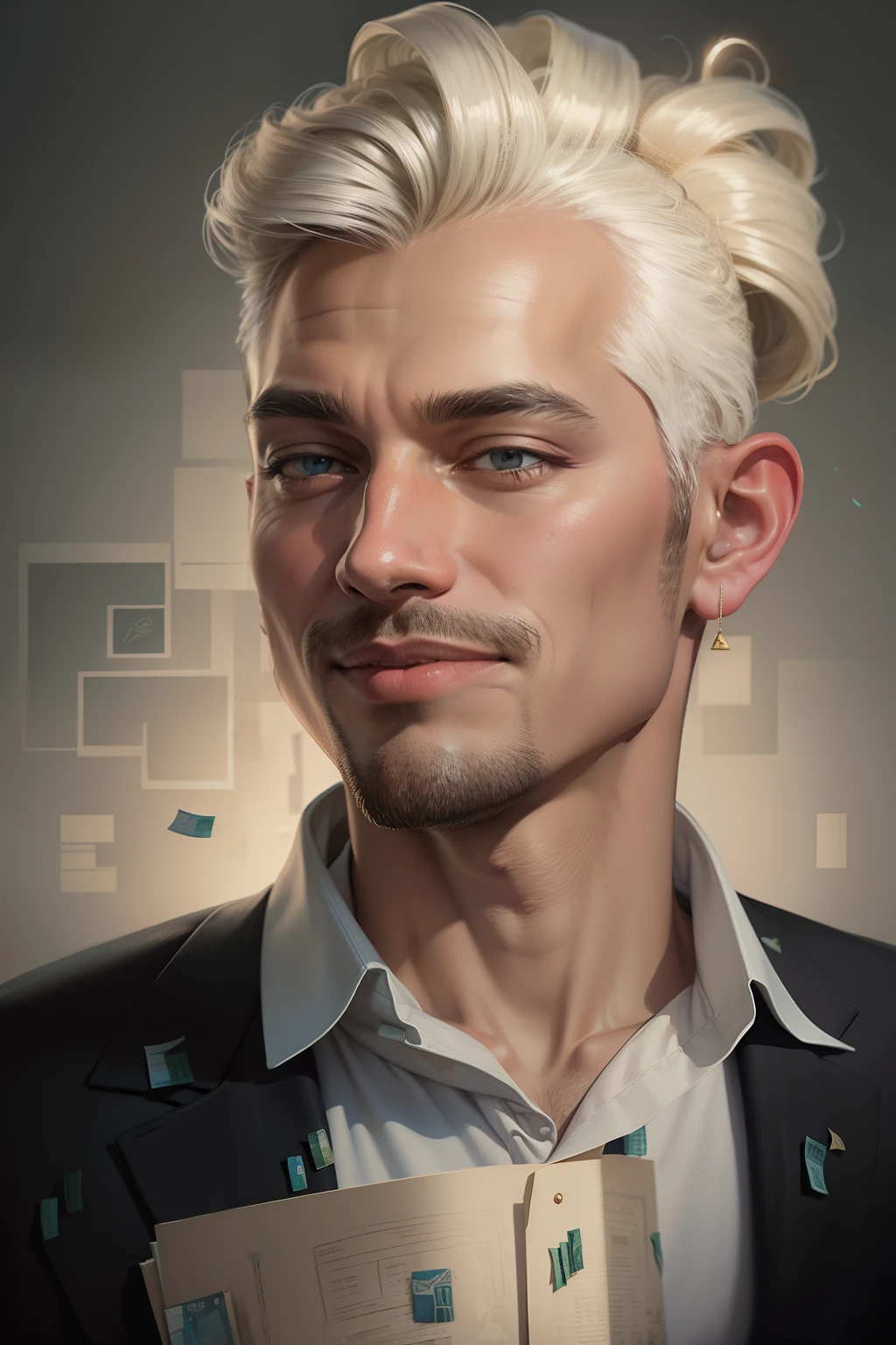 A detailed painting of a person in a suit, surrounded by a flurry of dollar bills, with the book Financial Freedom Formula in the center.
