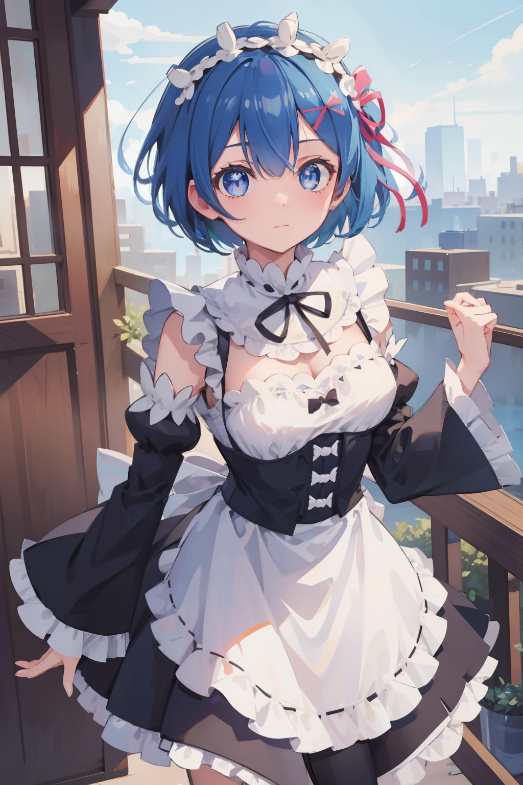 rezerorem, rem, blue eyes, blue hair, hair ornament, hair over one eye, hair ribbon, short hair, x hair ornament,
BREAK apron, black ribbon, black skirt, black sleeves, detached collar, detached sleeves, flower, frilled apron, frilled skirt, frills, head wreath, long sleeves, maid, miniskirt, neck ribbon, purple ribbon, ribbon, ribbon trim, ribbon-trimmed sleeves, roswaal mansion maid uniform, short hair, skirt, thighhighs, waist apron, white apron, white thighhighs,
BREAK outdoors, city,
BREAK looking at viewer, 
BREAK (masterpiece:1.2), best quality, high resolution, unity 8k wallpaper, (illustration:0.8), (beautiful detailed eyes:1.6), extremely detailed face, perfect lighting, extremely detailed CG, (perfect hands, perfect anatomy),