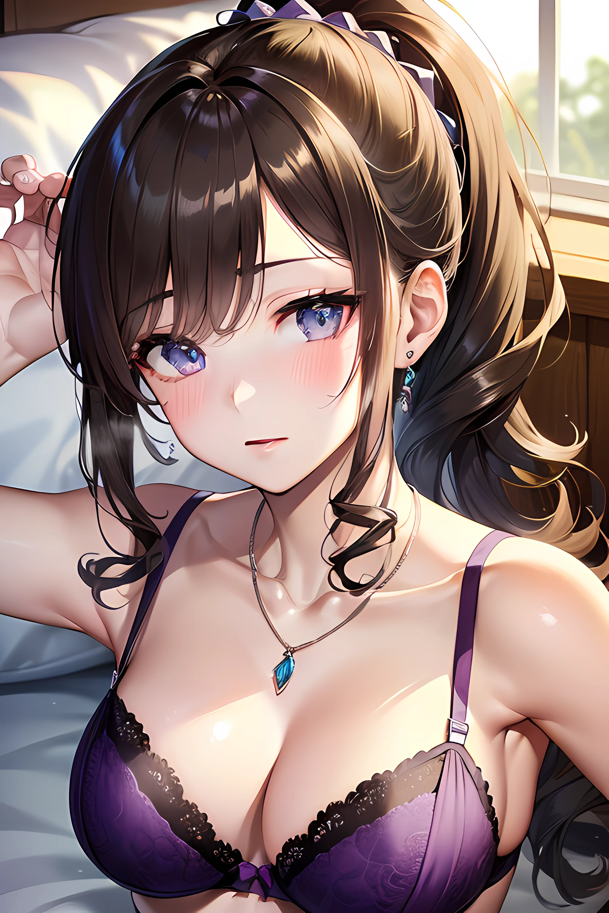 ((nsfw:1.4, masterpiece, best quality, highres, UHD, perfect pixel, depth of field, 4k, RTX, HDR))), 1girl, single, solo, beautiful anime girl, beautiful artstyle, anime character, ((long hair, bangs, dark brown hair, messy hair:1.6, ponytail)), ((detailed eyes, anime style eyes, beautiful eyes, sparkling eyes, realistic eyes, curly eyelashes)), ((detailed face, blushing:1.2)), ((smooth texture:0.75, realistic texture:0.5, anime CG style)), ((medium breasts, cleavage)), indoor, bedroom, dynamic angle, busty, perfect body, dynamic pose, armpit, hands up, ((fall asleep on the bed, supine, sleepy, open eyes, laying on bed)), ((close up, POV, cute, shot on face, sighing expression, wake up)), ((purple bra color, purple lingerie, single diamond necklace)), (natural light, light reflection, morning)