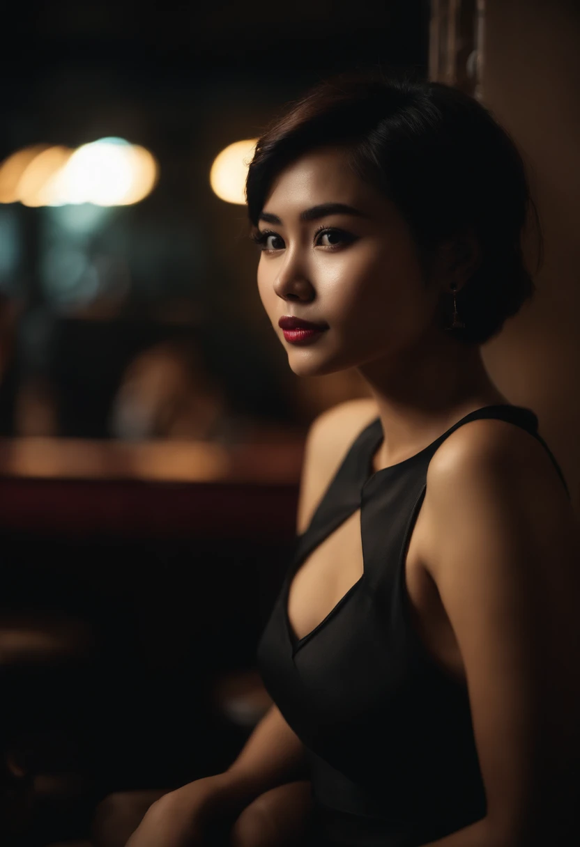 modern petite 18 year old young woman, indonesian, jakarta, movie, wearing dress, short pixie hair, floppy hair, messy hair, looking sultry, cinematic, photo real,, backlit, panavision, depth of field, night time, sexy, bed, in a discreet club, 21st century, bar,
