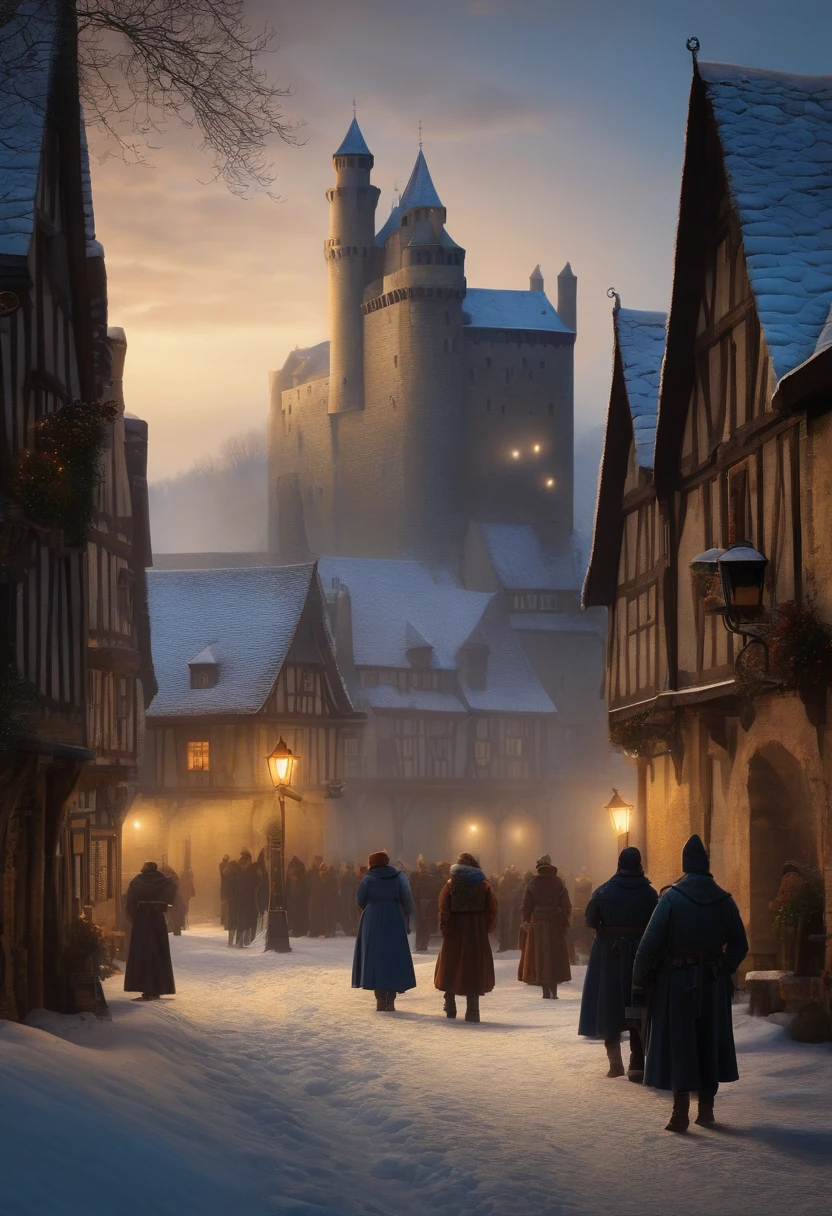 medieval city, winter, evening, city patrol, snowing, people walking, visible castle