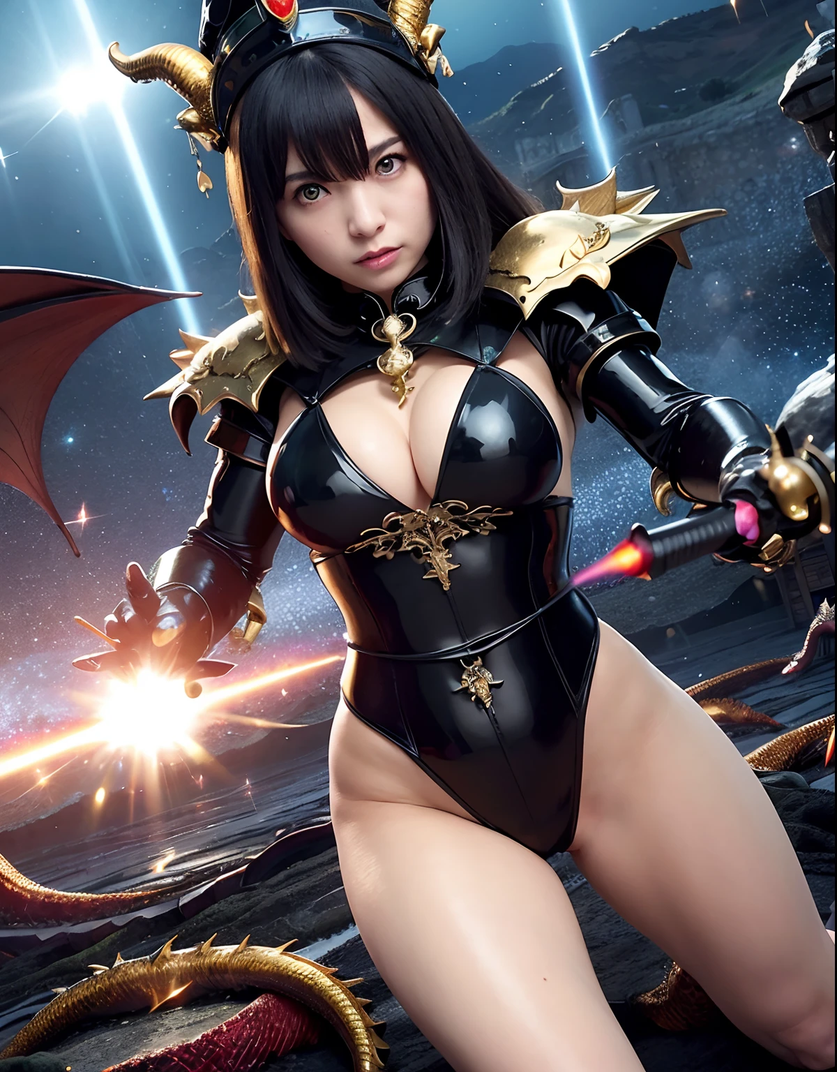 ((World of Darkness)),Professional , ​masterpiece、top-quality、photos realistic , depth of fields 、(((With a magic wand of gems))),（Dragon Black Metal Body:1.9),(latex black-blue、（cleavage of the breast）（Fight dragons）、、(((Particles of light))),（Micro Bikini Armor:1.7),Gorgeous gold weapons ,（Fight dragons）、Seductive look、（blood splattere、Armpit、（(((With a magic wand))), ） , (((Wearing a black latex wizard hat))),（demonic wings）   ,（（a blond））、（Castle background）、（（Gangle's forest background））、Beautiful Caucasian beauty、１a person、Armpit、dynamic ungle,(((Detailed and ornate dragon wizard hat)))、Smaller head、A smile、Castle background、Thin and beautiful female hands、cleavage of the breast、Soldier in iron armor on background、Mystical expression、Light Effects、intense fighting、Wind-effect、magic circles、With the legendary magic wand、Dragon's tail、explosions、Toostock、Toostock、(a beauty girl),