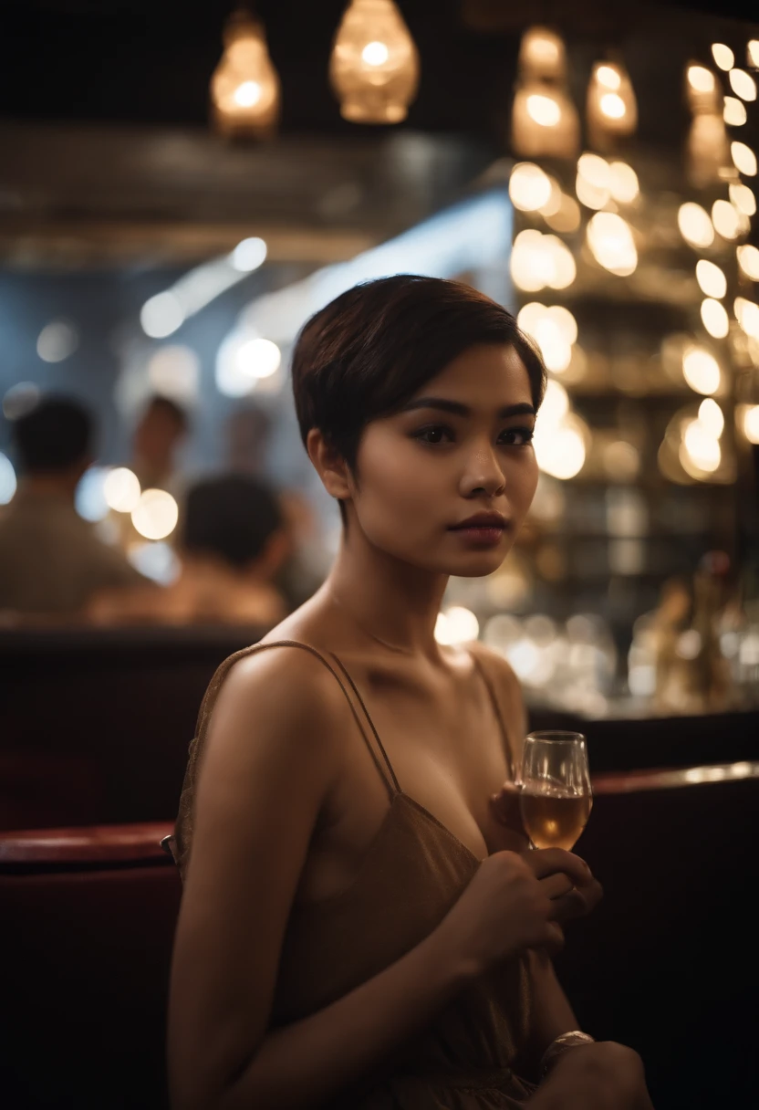 modern petite 18 year old young woman, indonesian, jakarta, movie, wearing dress, short pixie hair, floppy hair, messy hair, looking sultry, cinematic, photo real,, backlit, panavision, depth of field, night time, sexy, bed, in a discreet club, 21st century, bar,