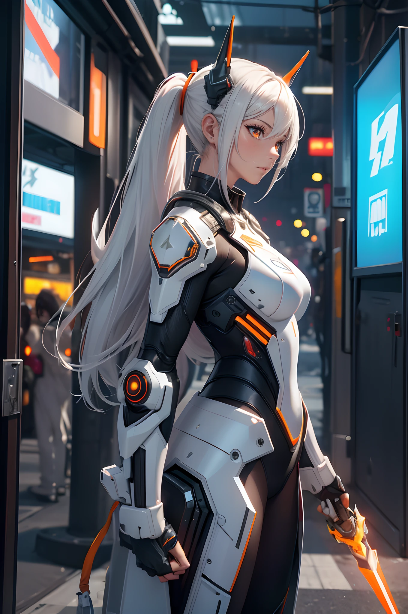 1girl, a beautiful girl cyborg cyberpunk carry a fantasy weapon in the cyberpunk city background, wide angel, oil shinny, ponytail, white hair, white and orange and black machine suit color combination, the body full of machine, realistic futuristic hologram, asian skin tone, beautiful eye, beautiful asian face, cyber ear machine, suits is solid mecha, realistic machine, sci fi scape, manipulation is a masterpiece, long hair, masterpiece, suit of cyberpunk, realistic sci fi building texture mecha aestethic, digital cyberpunk, looming over a city, cyber technology, realistic hair, lots of hair, white of hair, realistic metal solid texture of building, realistic neon glow, realistic neon sign, wonderful side lighting, realistic futuristic cyberpunk building, realistic girl robot cyberpunk, fog, foogy, masterpiece of detail, RAW IMAGE, depth of field, point of interes, depth of field is masterpiece, best photography composition masterpiece, natural realistic hair, rule of third masterpiece photography, natural lighting, photography masterpiece natural lighting from side, realistic skin texture, strong reflection, ( pose pinterest) masterpiece beautiful, Devil Horns, smooth pixel, ray of light, soft light, small breasts, mastepiece of cyber mask, (fantasy weapon, carry a weapon), orange eye