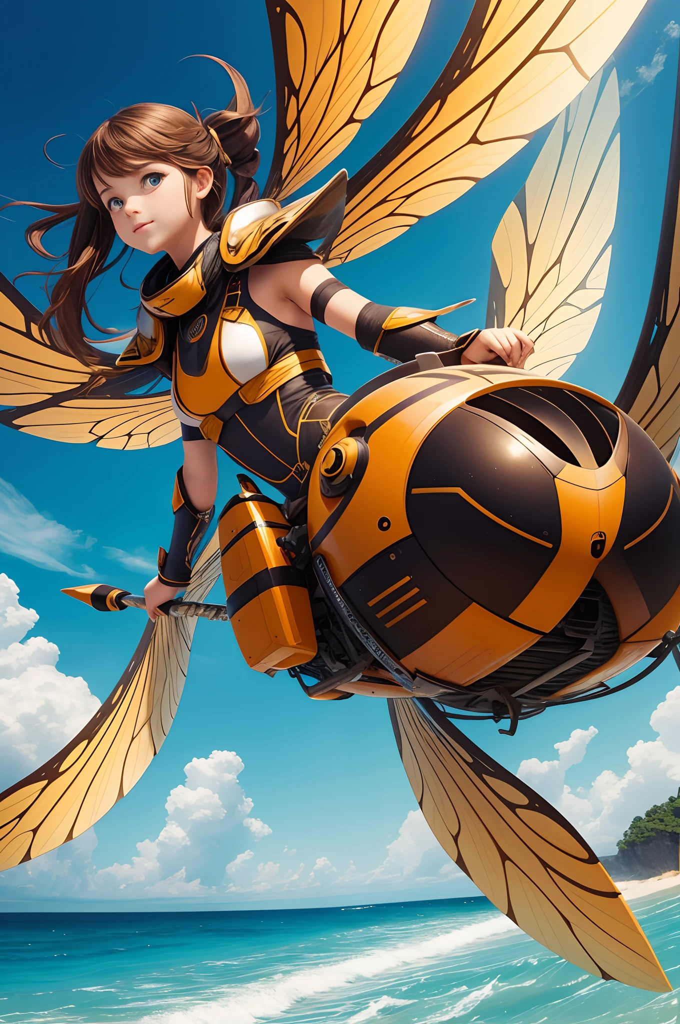 beautiful young girl is flying over the beach on the back of a giant hornet, fractal art