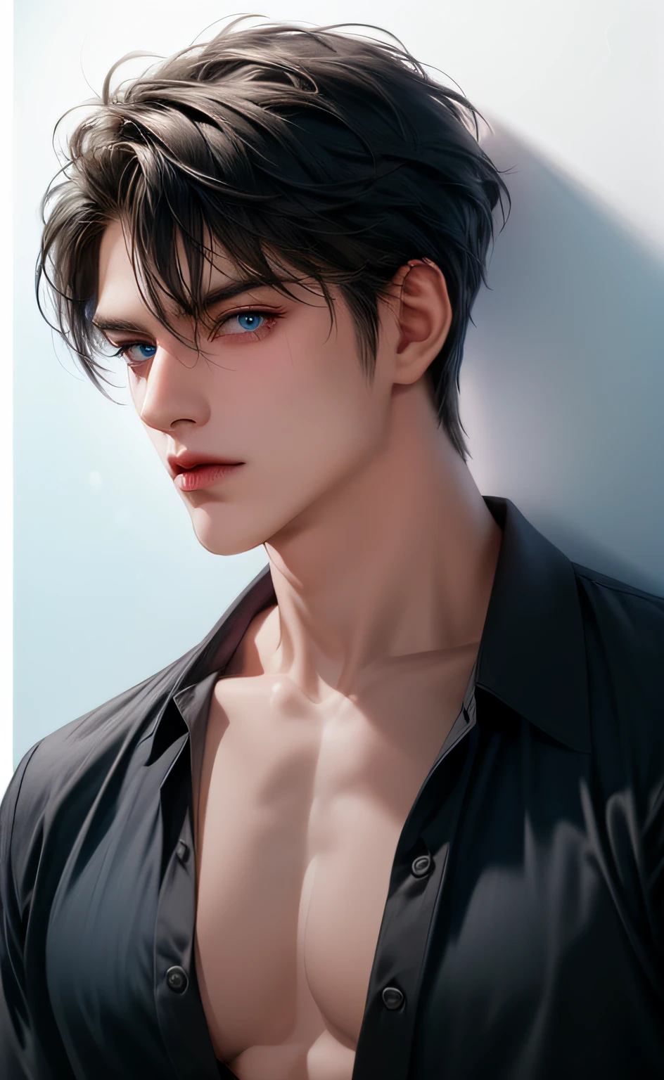 (masterpiece,best quality,ultra_detailed,highres,absurdres),1 mature male, 30-ish, (wide shoulder), ((no chest hair)), male focus, solo, short black Quiff hair with Soft Fringe (bangs part on side 3:7 ratio), simple background, blue eyes, upper body, short hair, looking at viewer, parted lips, round eyewear, wet hair, open black shirt, long sleeves, showing a bit of muscles, bedroom background.