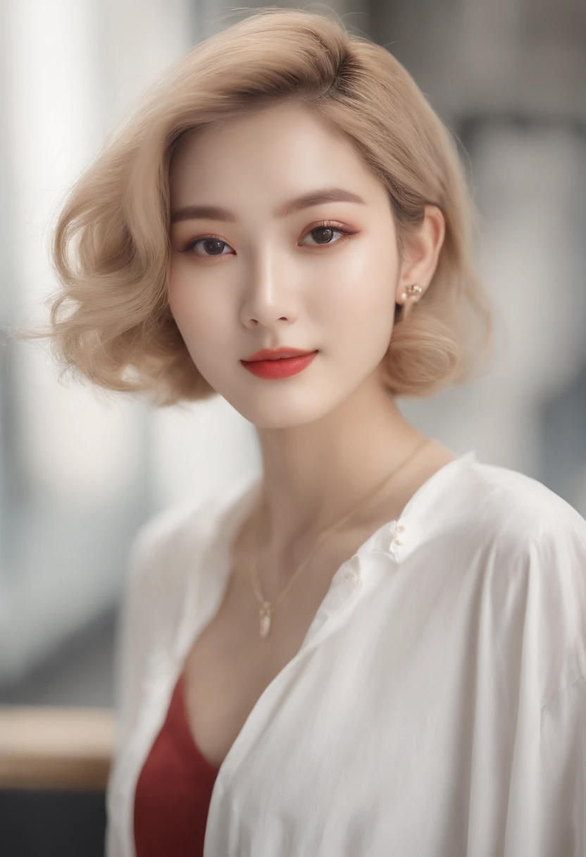 top-quality、8K、masuter piece:1.3))、1 female、２５age、A slender、T-shirt Beautiful Girl:1.3、(Hairstyle blonde、Very Shorthair、Hair color is bright、Small breasts:1.2)、Plain clothes T-shirt:1.2、White wall background、hyperdetailed face、A detailed eye、Double eyelids、Cute smile、Hair Model Styles、Oblique face、Very short hairstyles、Shorthair、Mashed Hair、Perm hair、japanes、Like a real photo、Large piercings、T-shirt clothes