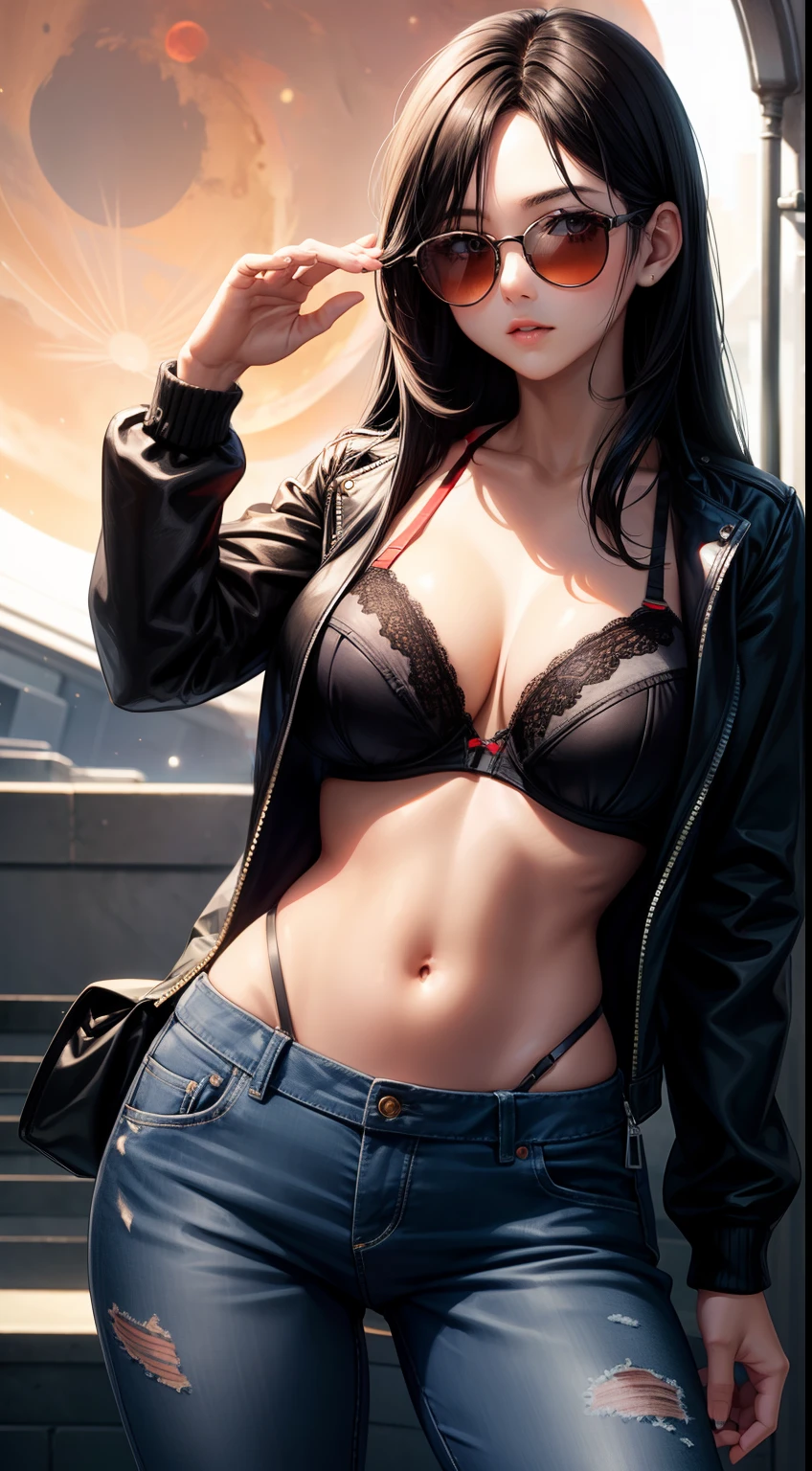 1girl, black hair, long hair, white, big boobs, bra, rider jacket, planet, sun glasses, red moon