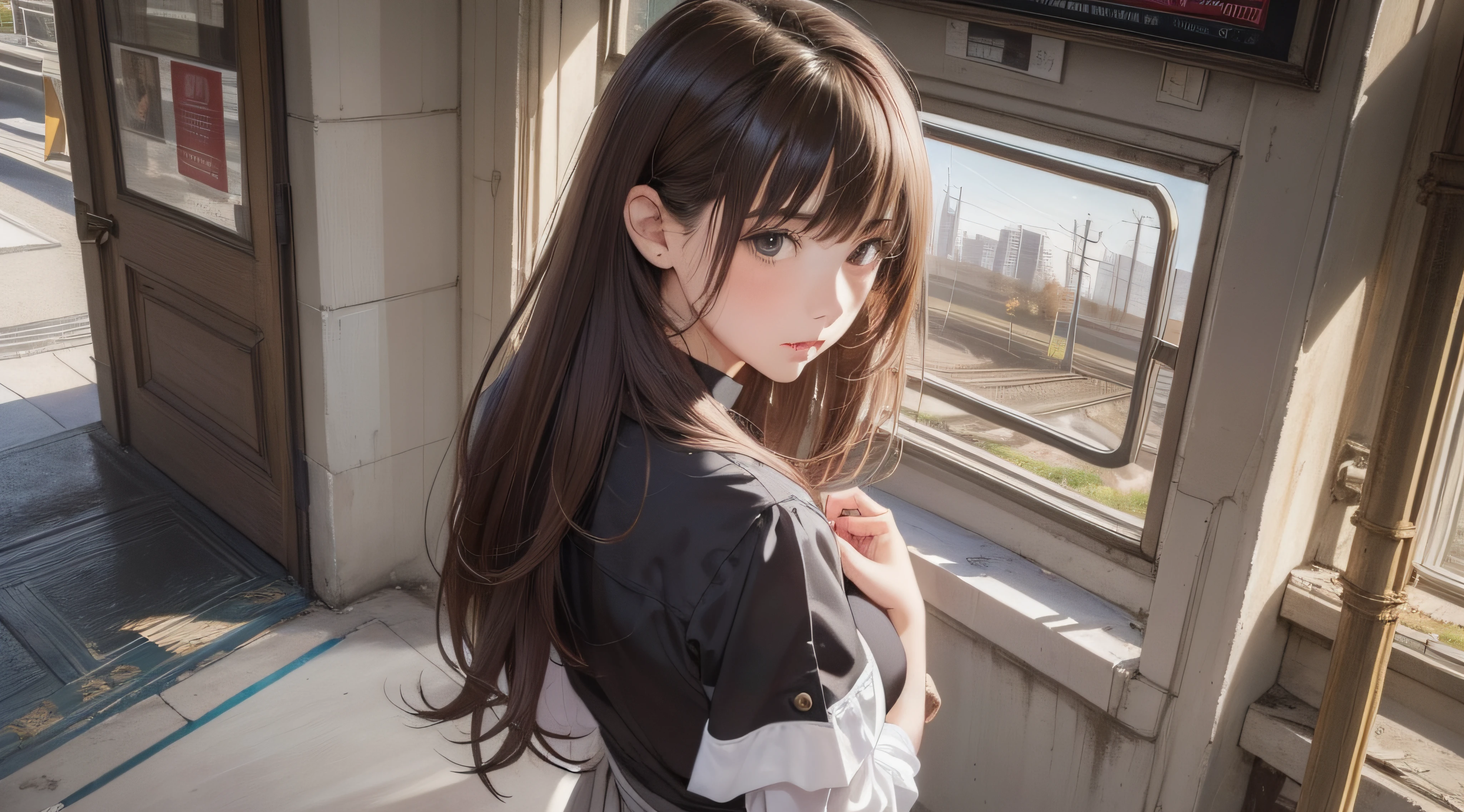 (1girl:1.3), (photorealistic:1.4), (masterpiece, top quality, best quality, official art), extreme detailed, highest detailed, (ultra-detailed), ((an extremely delicate and beautiful)), cinematic light, contemporary,
silky long hair, (brown hair),
she standing at the station, in evening,
shirt, long skirt,
upper body, from above,
shy, blush, (looking back:1.4)