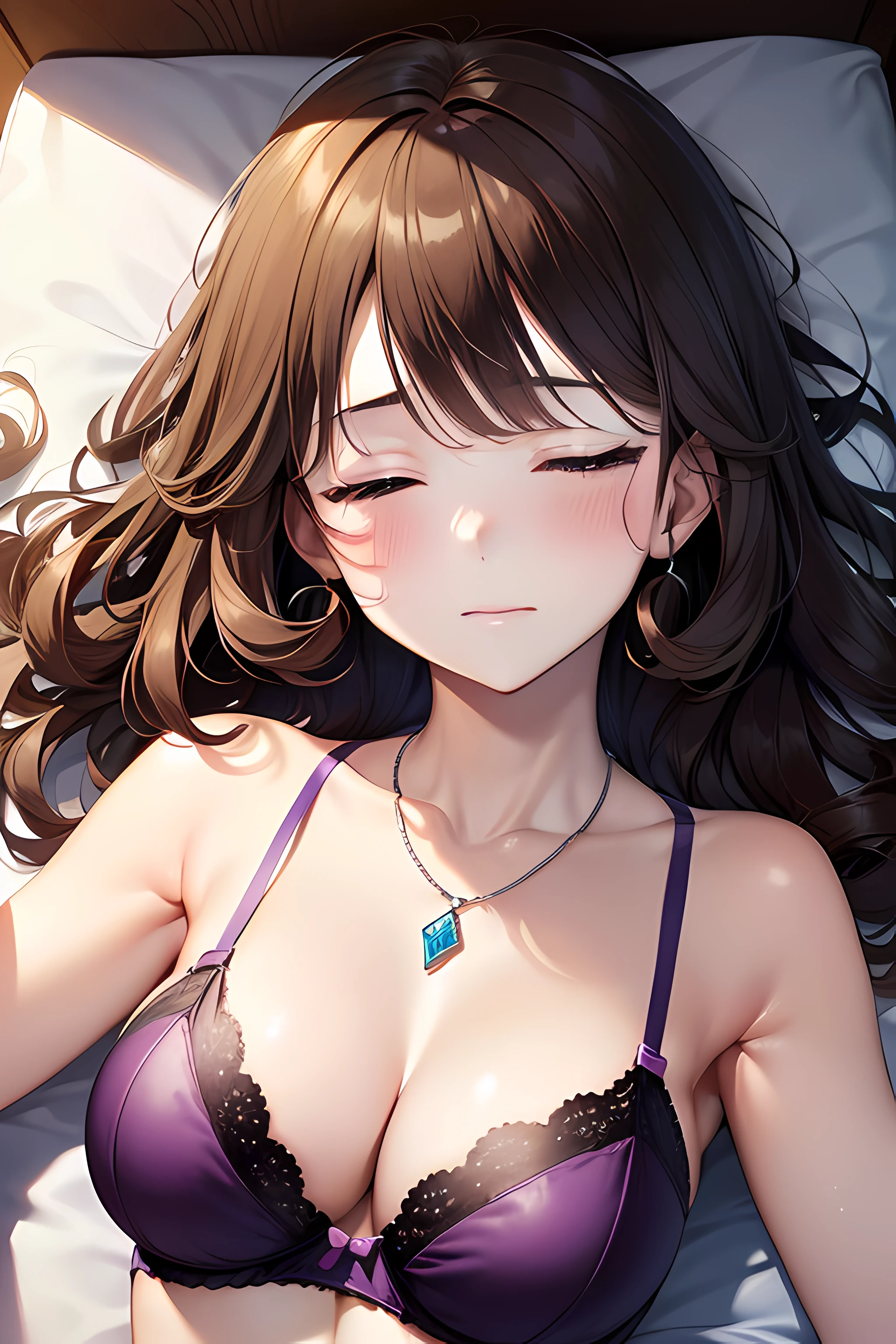 ((nsfw:1.4, masterpiece, best quality, highres, UHD, perfect pixel, depth of field, 4k, RTX, HDR))), 1girl, single, solo, beautiful anime girl, beautiful artstyle, anime character, ((long hair, bangs, dark brown hair, messy hair:1.6, curly hair)), ((curly eyelashes, realistic eyes)), ((detailed face, blushing:1.2)), ((smooth texture:0.75, realistic texture:0.5, anime CG style)), ((medium breasts, cleavage)), indoor, bedroom, dynamic angle, busty, perfect body, dynamic pose, armpit, hands up, ((fall asleep on the bed, supine, sleepy, closed eyes, laying on bed, sleeping pose)), ((close up, POV, cute, shot on face, sighing expression, wake up)), ((purple bra color, purple lingerie, single diamond necklace)), (natural light, light reflection, morning)