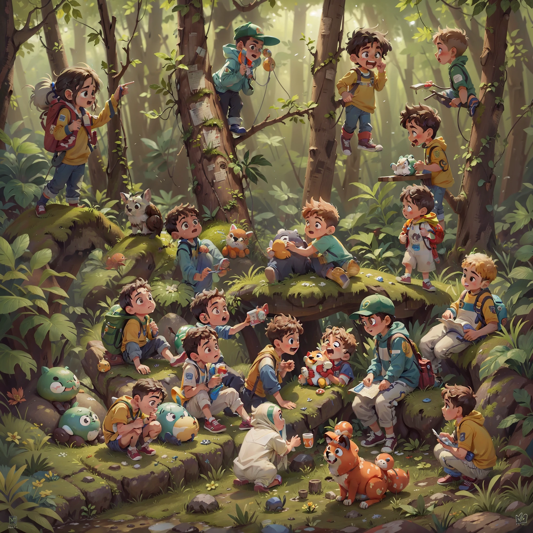 um esquilo rouba os brinquedos dos meninos na floresta,