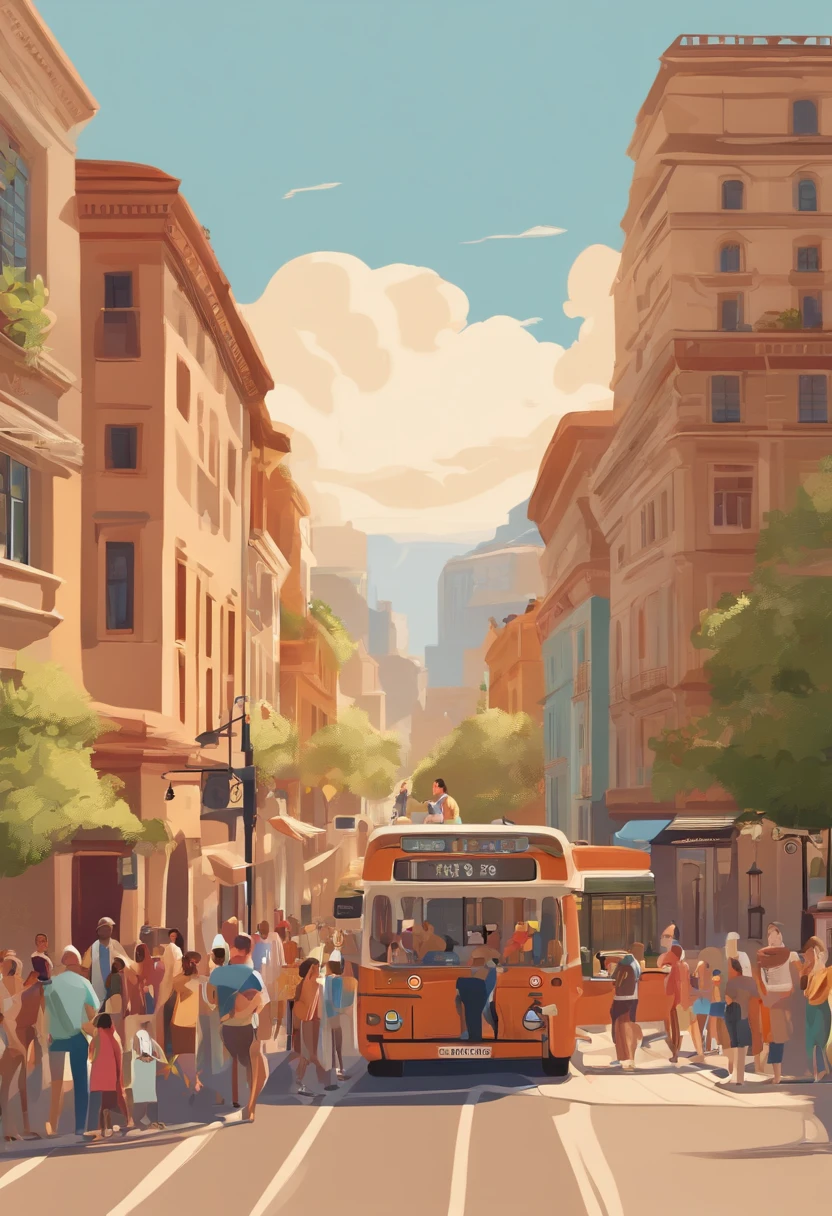 people waiting in line for a sightseeing bus, portrait, colorful, vibrant, sunny day, detailed faces, cheerful expressions, summer attire, tourists, excited atmosphere, bustling, anticipation, cityscape backdrop, urban setting, wide-angle perspective, bustling streets, tall buildings, clear blue sky, natural lighting, high-resolution, realistic, lively colors, authentic street scene, diverse group of people, children, adults, elderly, various ethnicities, relaxed body language, capturing the moment, joyful anticipation, destination exploration, vacation vibes, cultural experience, travel adventure.
