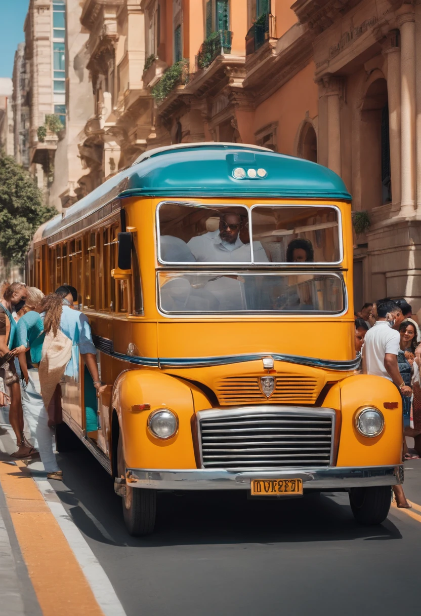 people waiting in line for a sightseeing bus, portrait, colorful, vibrant, sunny day, detailed faces, cheerful expressions, summer attire, tourists, excited atmosphere, bustling, anticipation, cityscape backdrop, urban setting, wide-angle perspective, bustling streets, tall buildings, clear blue sky, natural lighting, high-resolution, realistic, lively colors, authentic street scene, diverse group of people, children, adults, elderly, various ethnicities, relaxed body language, capturing the moment, joyful anticipation, destination exploration, vacation vibes, cultural experience, travel adventure.