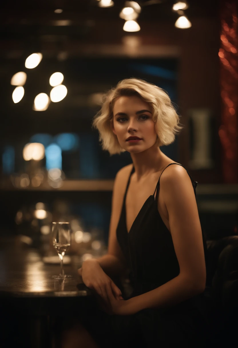 modern blonde petite 18 year old young woman, melbourne Australia, movie, wearing dress, short pixie hair, floppy hair, messy hair, looking sultry, cinematic, photo real,, backlit, panavision, depth of field, night time, sexy, bed, in a discreet club, 21st century, bar,