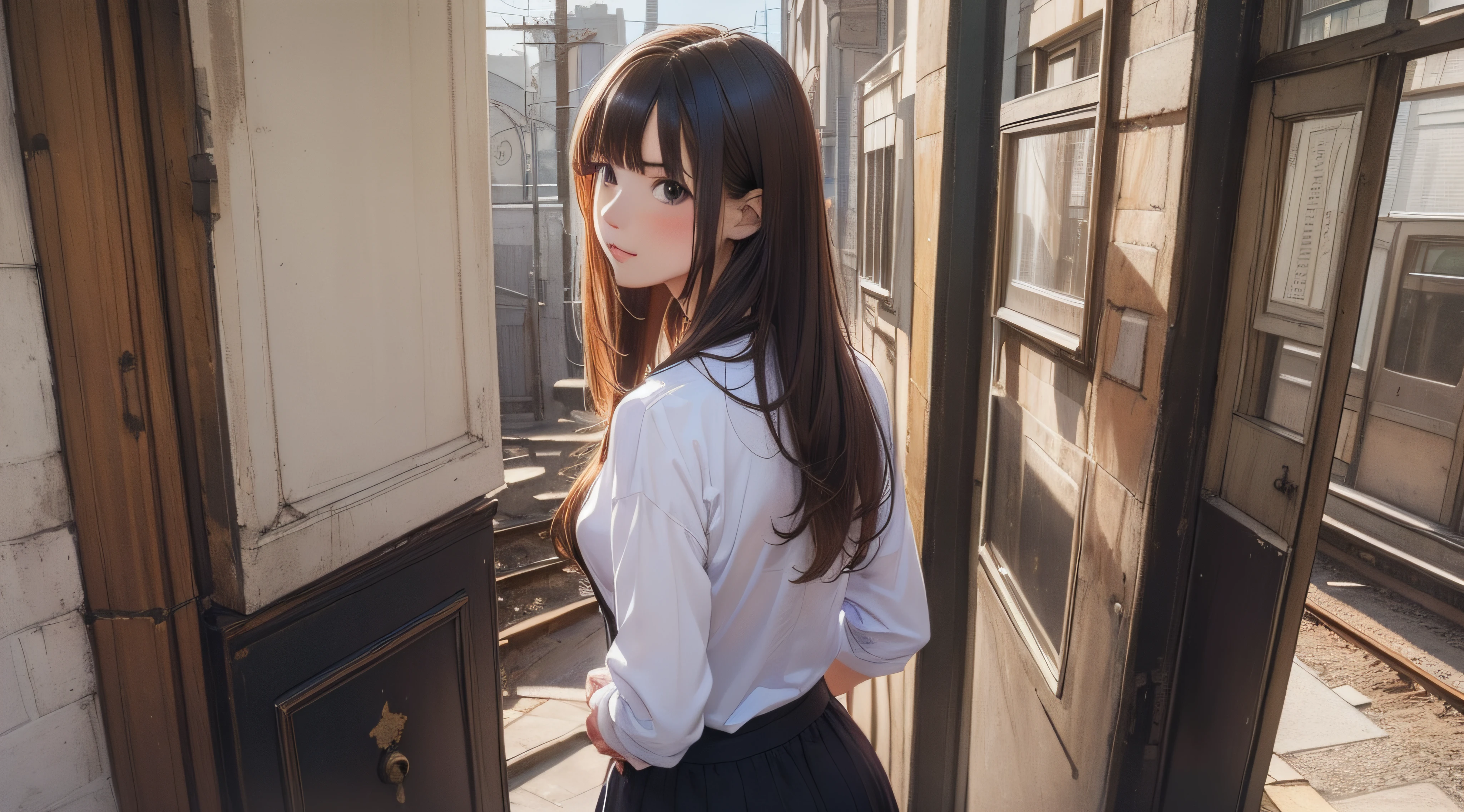 (1girl:1.3), (photorealistic:1.4), (masterpiece, top quality, best quality, official art), extreme detailed, highest detailed, (ultra-detailed), ((an extremely delicate and beautiful)), cinematic light, contemporary,
silky long hair, (brown hair),
she standing at the station, in evening,
shirt, long skirt,
upper body, from above,
shy, blush, (looking back:1.4)